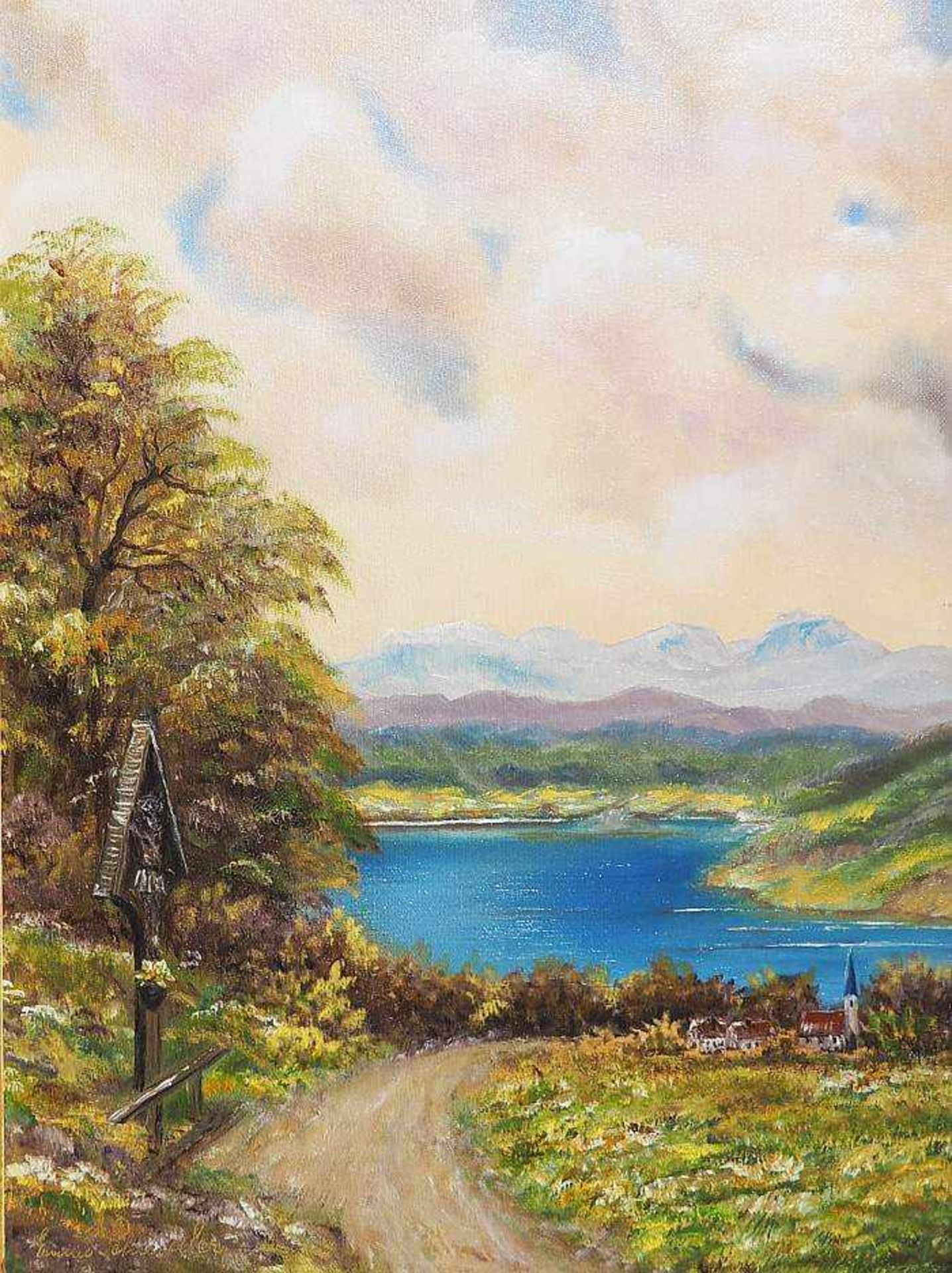 SCHINDLER, ?. SCHINDLER, ?. Waldlichtung mit Blick ins Tal auf einen Gebirgssee. 20. Jahrhundert. Öl
