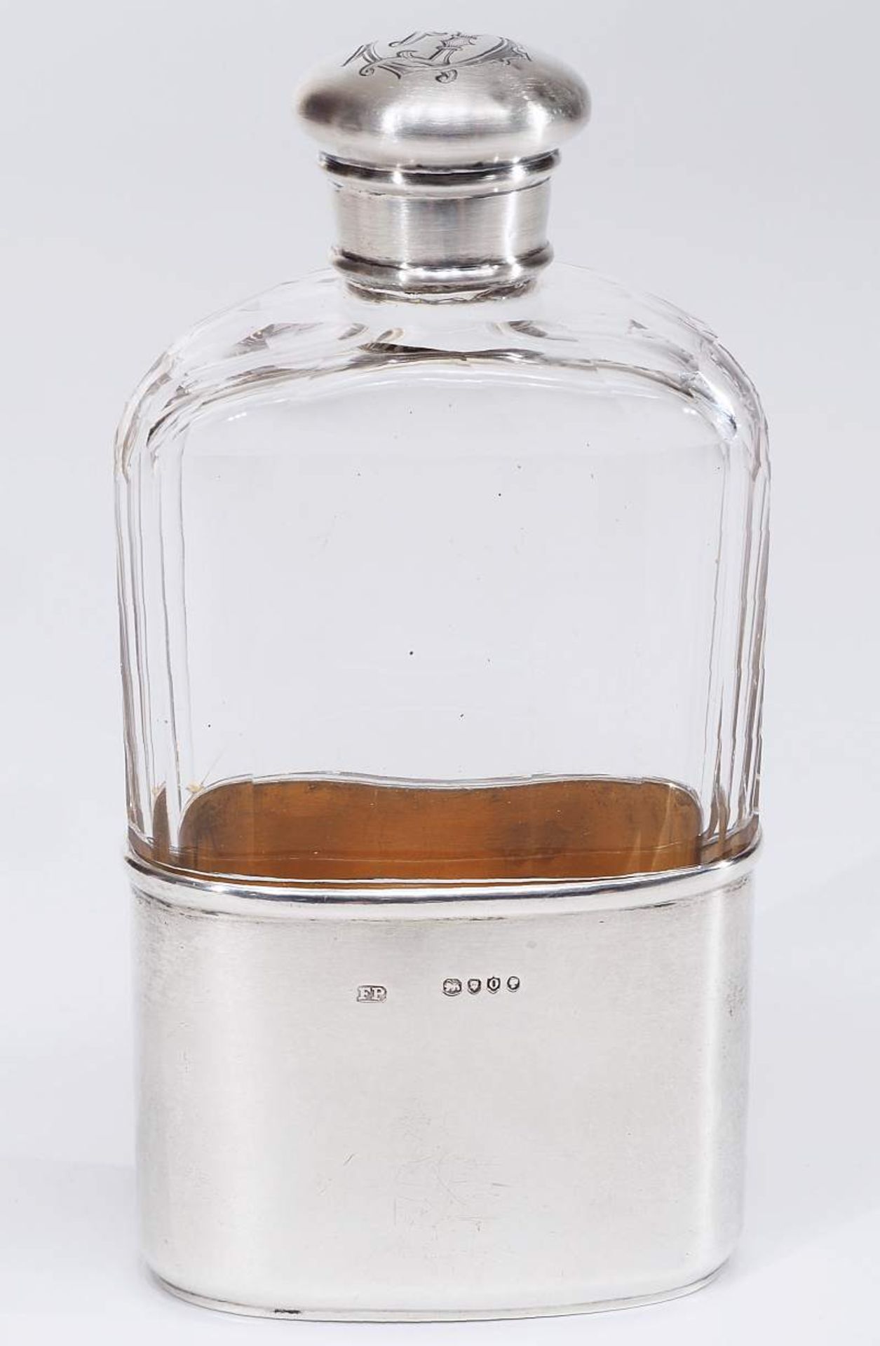 Englische Schnapsflasche. Englische Schnapsflasche. LONDON 1889, Sterlingsilber. Farbloses Glas - Image 3 of 5