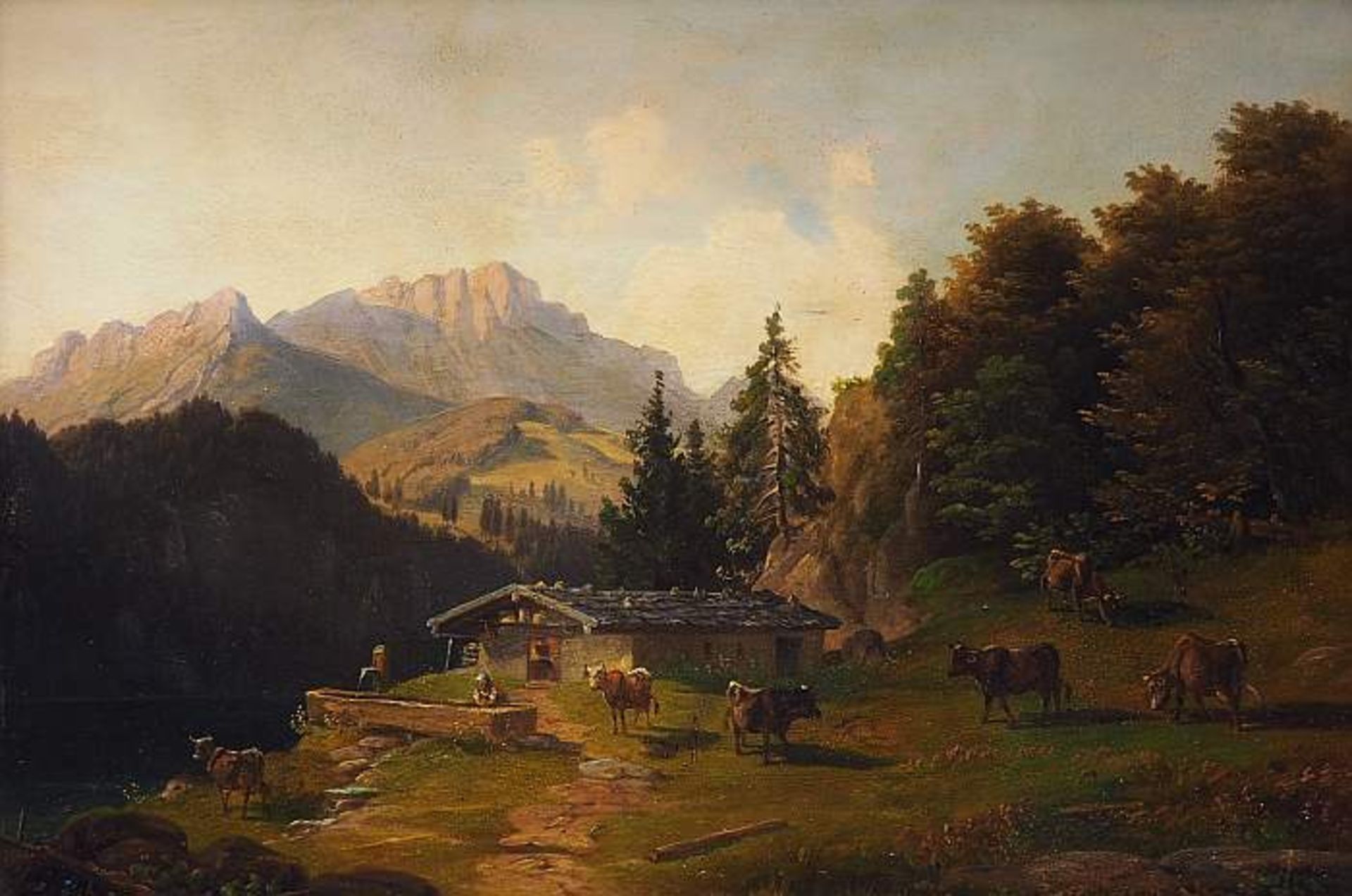 Romantische Gebirgslandschaft mit Weidevieh und Berghütte im Hochgebirge. Romantische