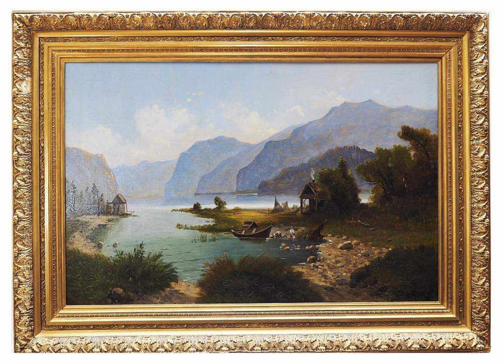 Gebirgssee mit Booten und FigurenstaffageGebirgssee mit Booten und Figurenstaffage. 19. Jahrhundert. - Image 3 of 6