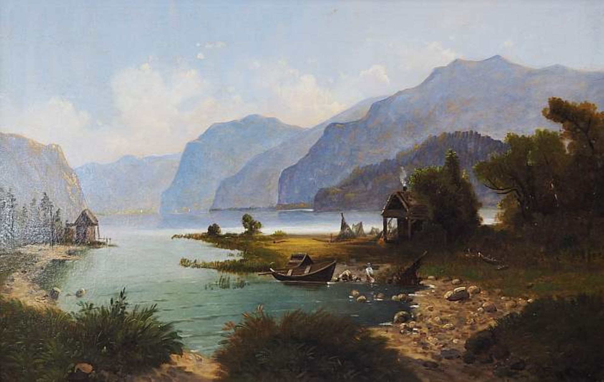 Gebirgssee mit Booten und FigurenstaffageGebirgssee mit Booten und Figurenstaffage. 19. Jahrhundert.