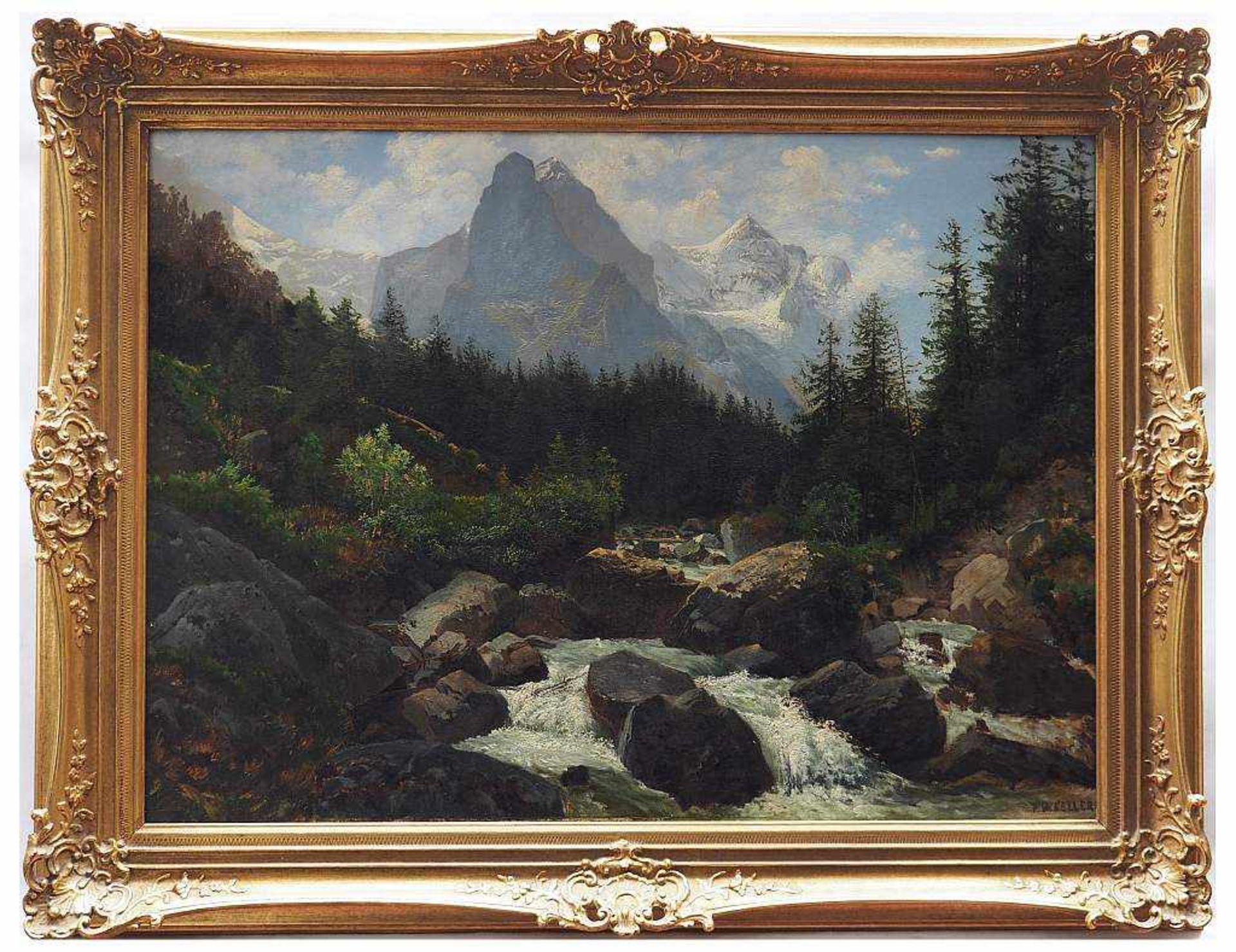 KELLER, F. W. KELLER, F. W. 19. Jahrhundert. Gebirgsbach im Hochgebirge. Öl auf Leinwand. rechts - Bild 3 aus 5
