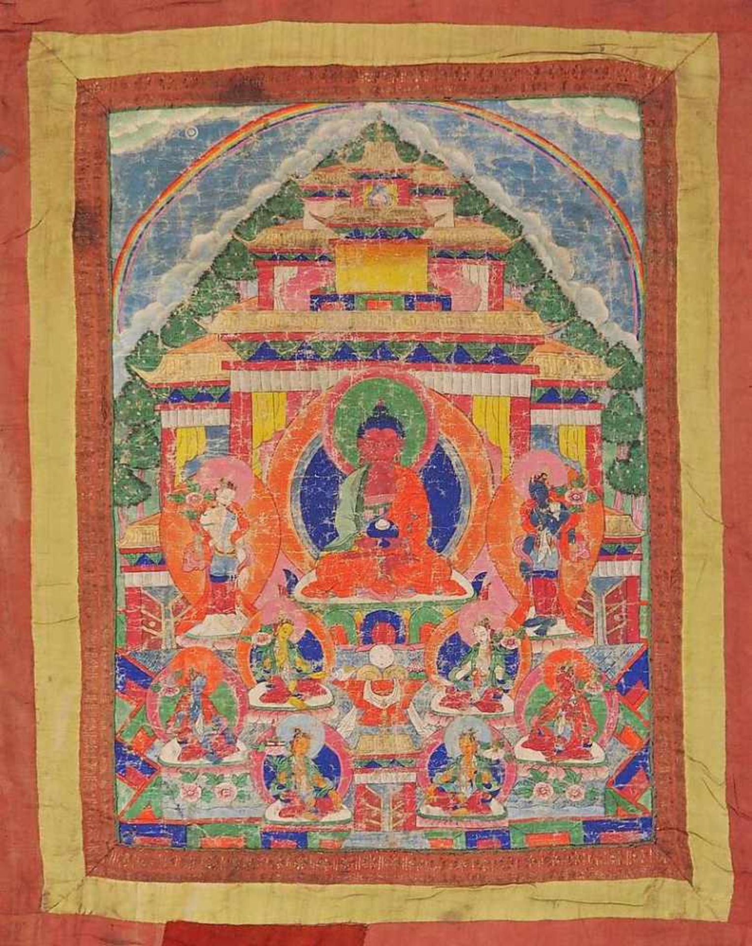 Thangka mit verschiedenen Budda-Darstellungen und Vorhang. Thangka mit verschiedenen Budda- - Bild 3 aus 5