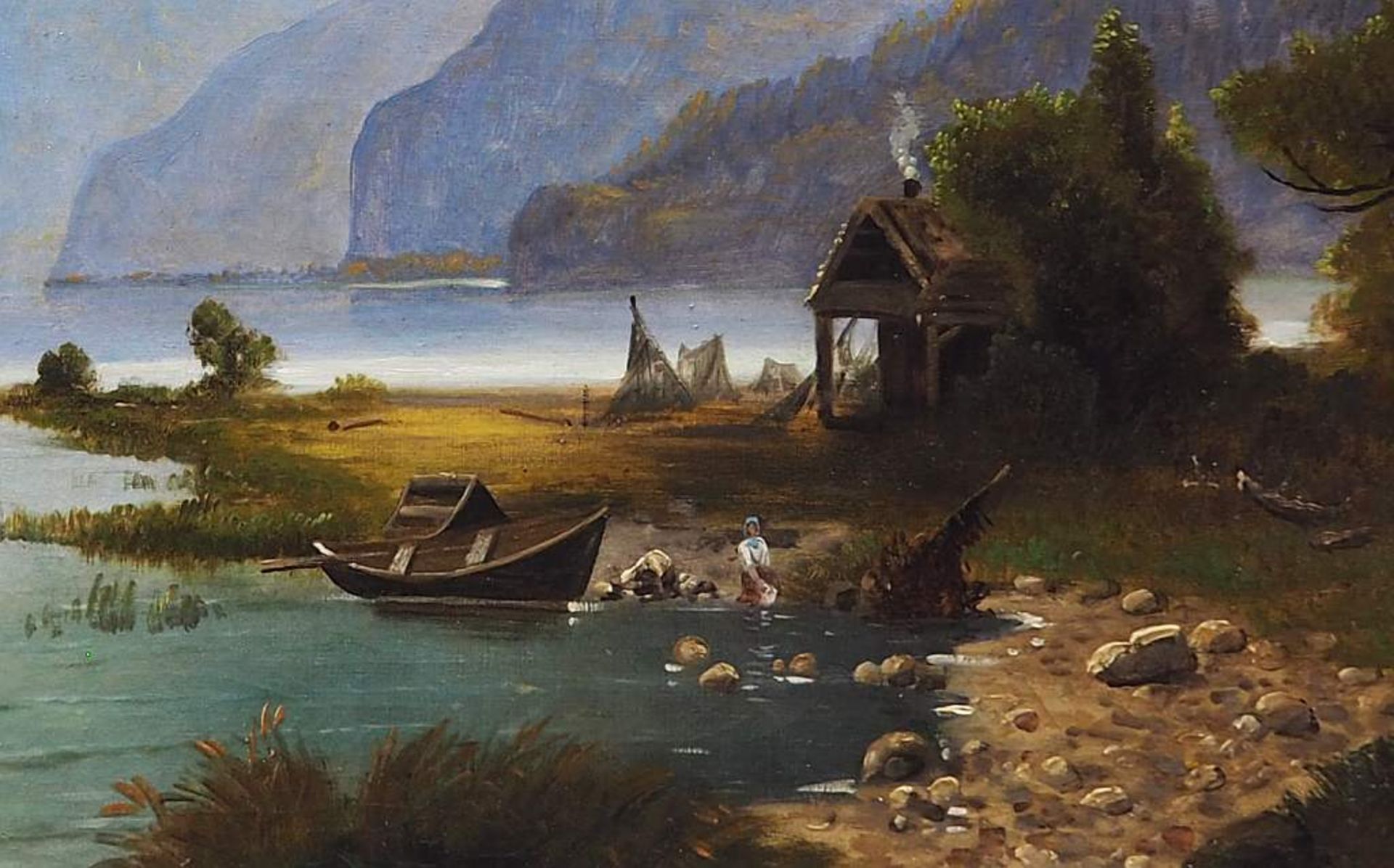 Gebirgssee mit Booten und FigurenstaffageGebirgssee mit Booten und Figurenstaffage. 19. Jahrhundert. - Image 4 of 6