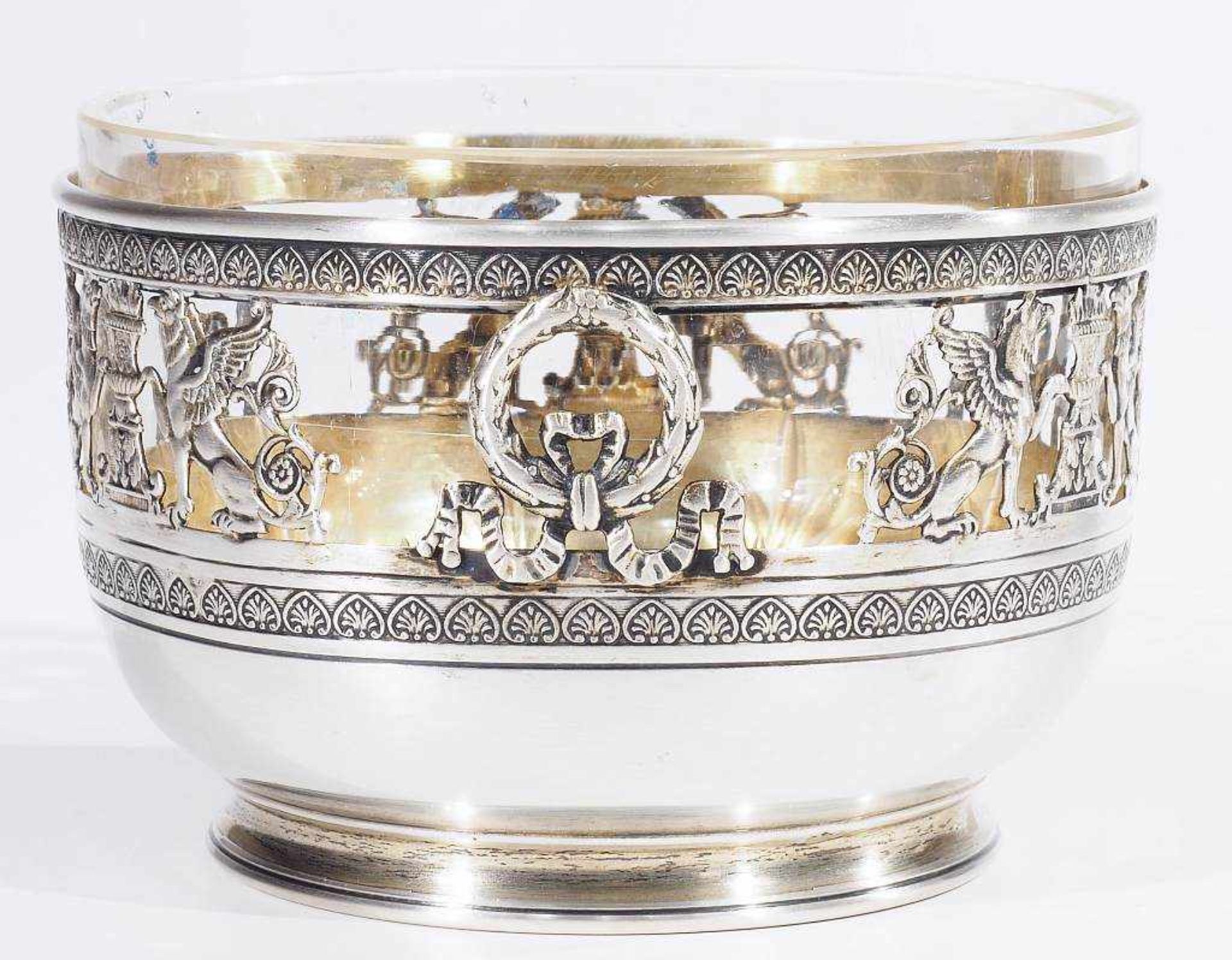 Zwei Schalen. 1) Silberschale mit Glaseinsatz, 800er Silber, Halbmond, Krone, innen vergoldet, - Bild 4 aus 7