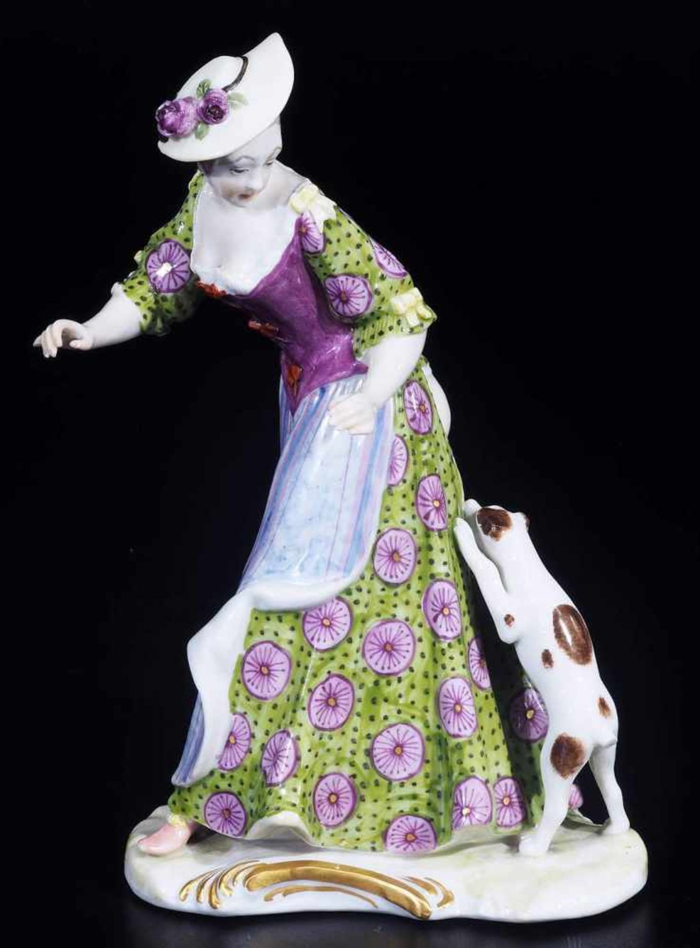 Figurine "Dame mit Hut von Hündchen angefallen". Figurine "Dame mit Hut von Hündchen angefallen". - Bild 3 aus 9