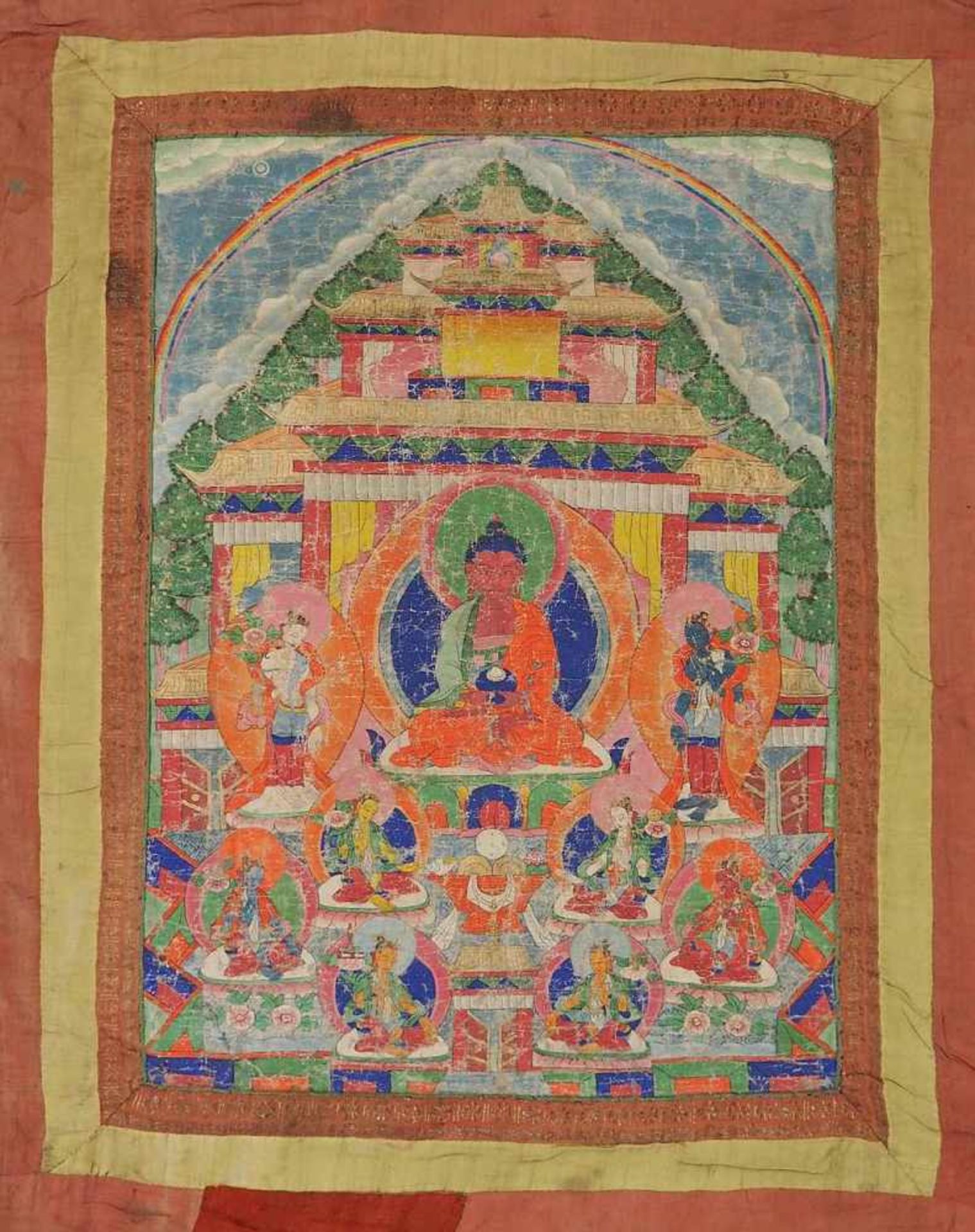 Thangka mit verschiedenen Budda-Darstellungen und Vorhang. Thangka mit verschiedenen Budda- - Bild 4 aus 5