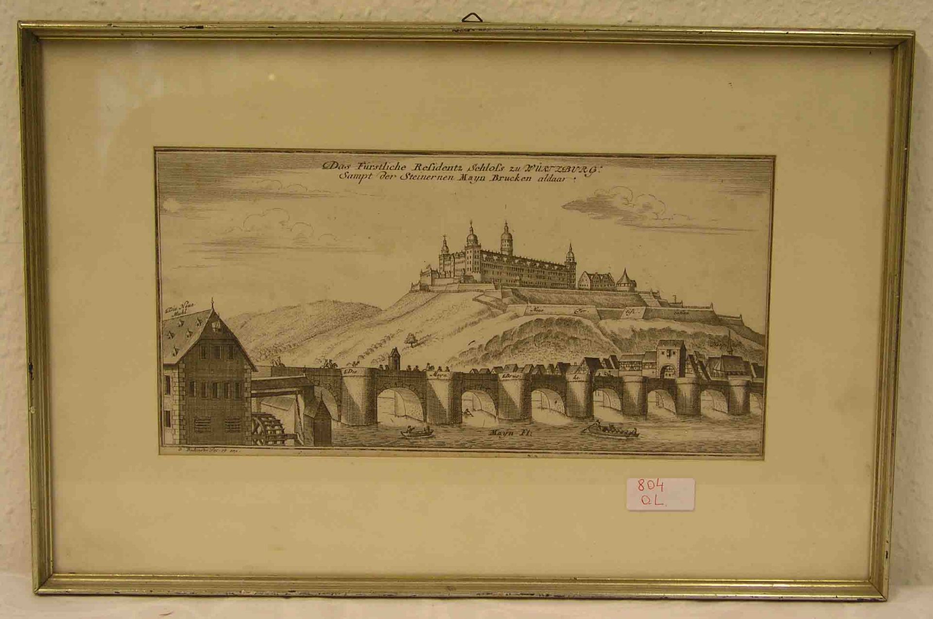 Würzburg: Residenzschloss, Steinerne Brücke. Kupferstich um 1700 von Bodenehr. 16 x 30cm.Rahmen