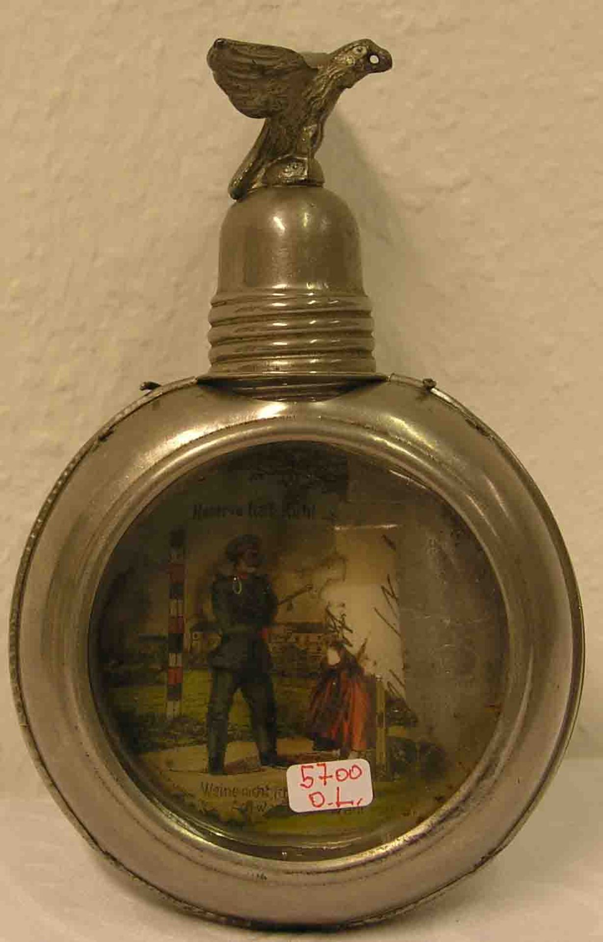 Reservisten Flasche, um 1900. Metallumrahmung. Schraubverschluss mit Adlerfigur. Höhe:19cm.