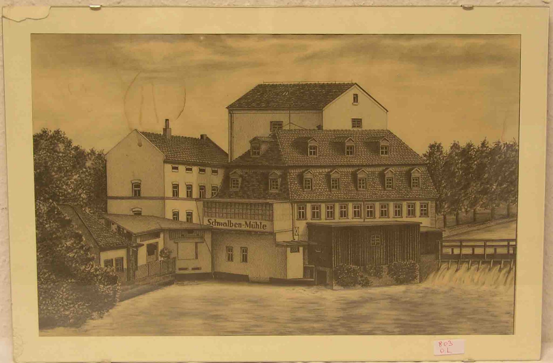 Bamberg: "Schwalbenmühle". Bleistiftzeichnung, 33 x53cm, fleckig.