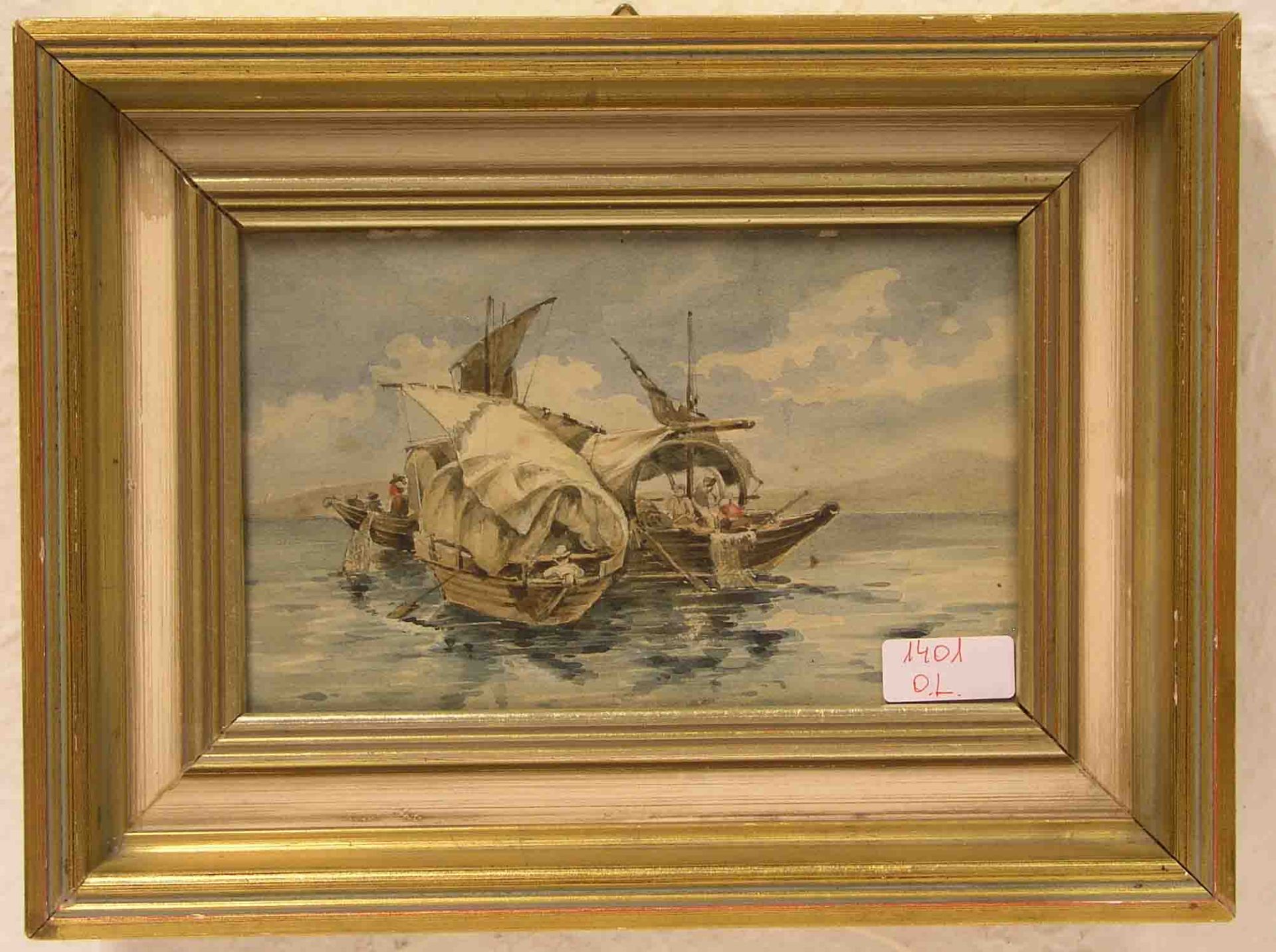 "Segelschiffe mit Fischen". Aquarell, 13 x 20cm. Rahmen mit Glas.