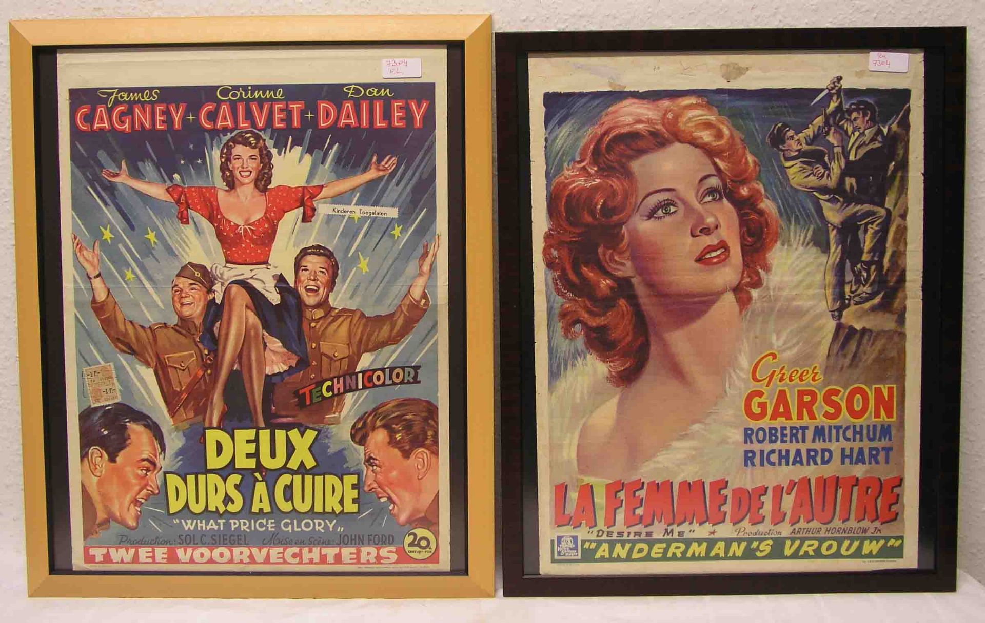 Zwei französische Filmplakate: "La femme de l'autre" und "Deux durs à cuire", ca. 49 x36cm, Rahmen