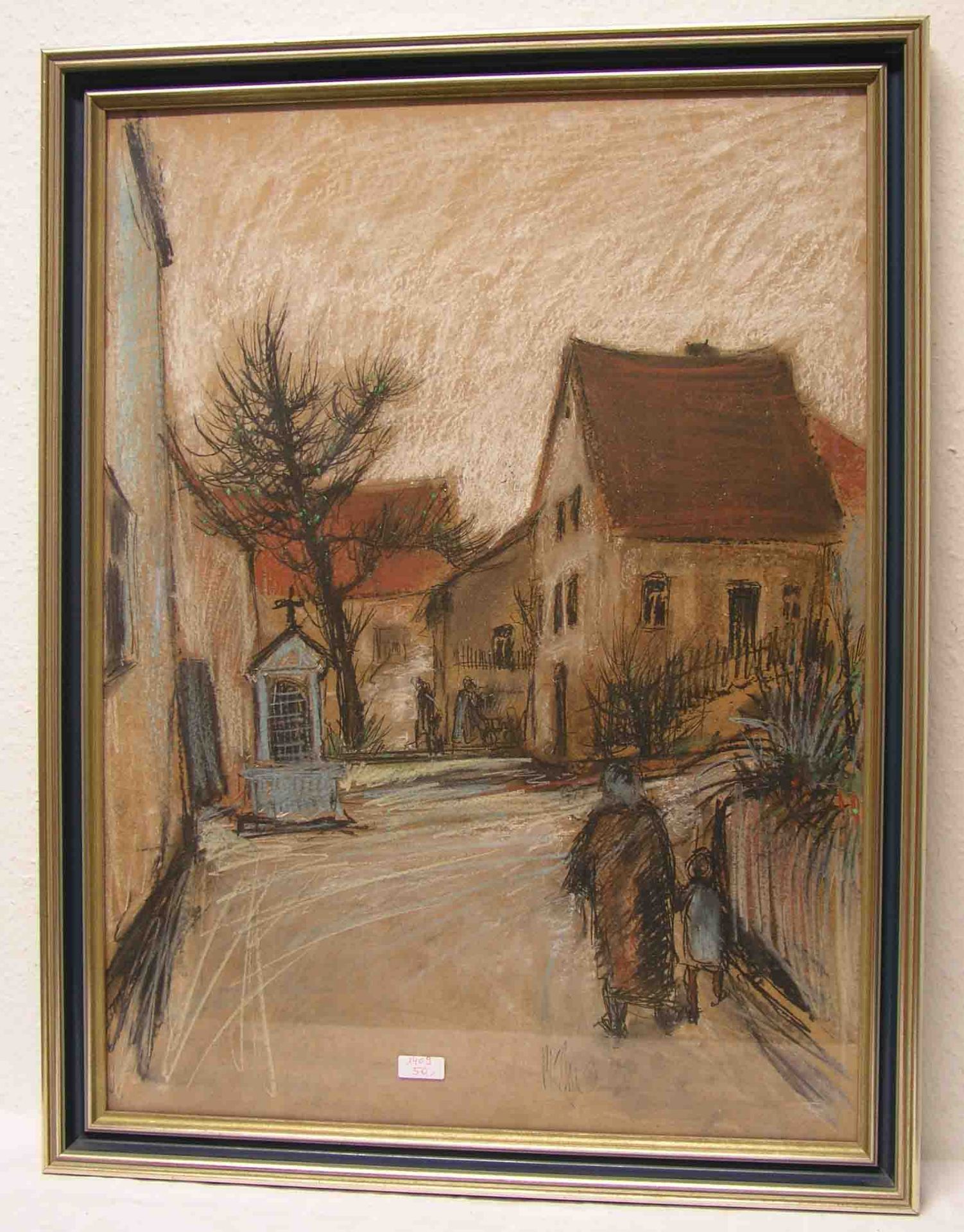 Klesse, Reinhard (geb. 1932): "Fränkisches Dorf mit Personenstaffage". Pastell, signiert,78 x