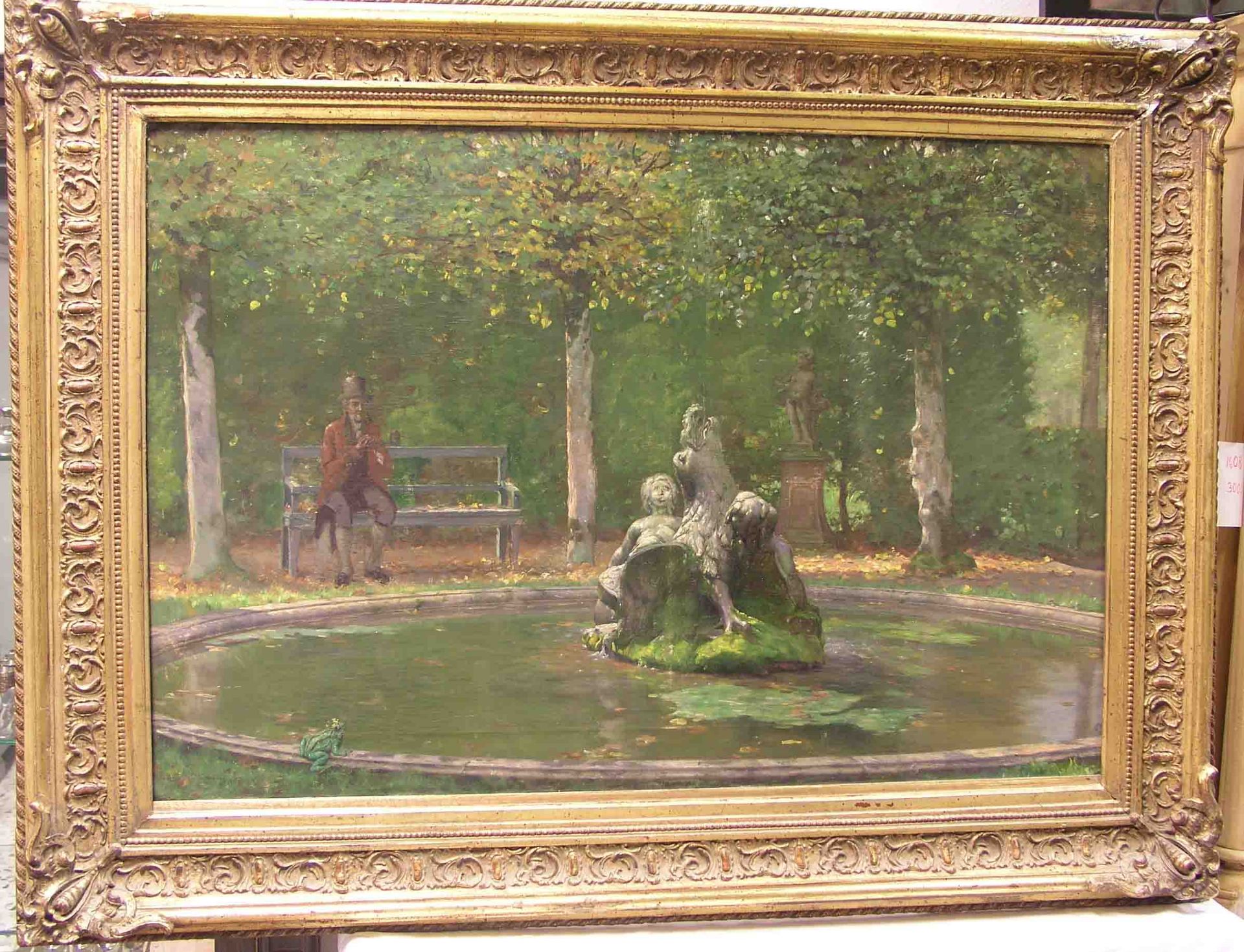 Bayerlein Fritz (1872 - 1955) zugeschrieben: "Parklandschaft mit Teich und Brunnenfigur".Öl/Lwd.,