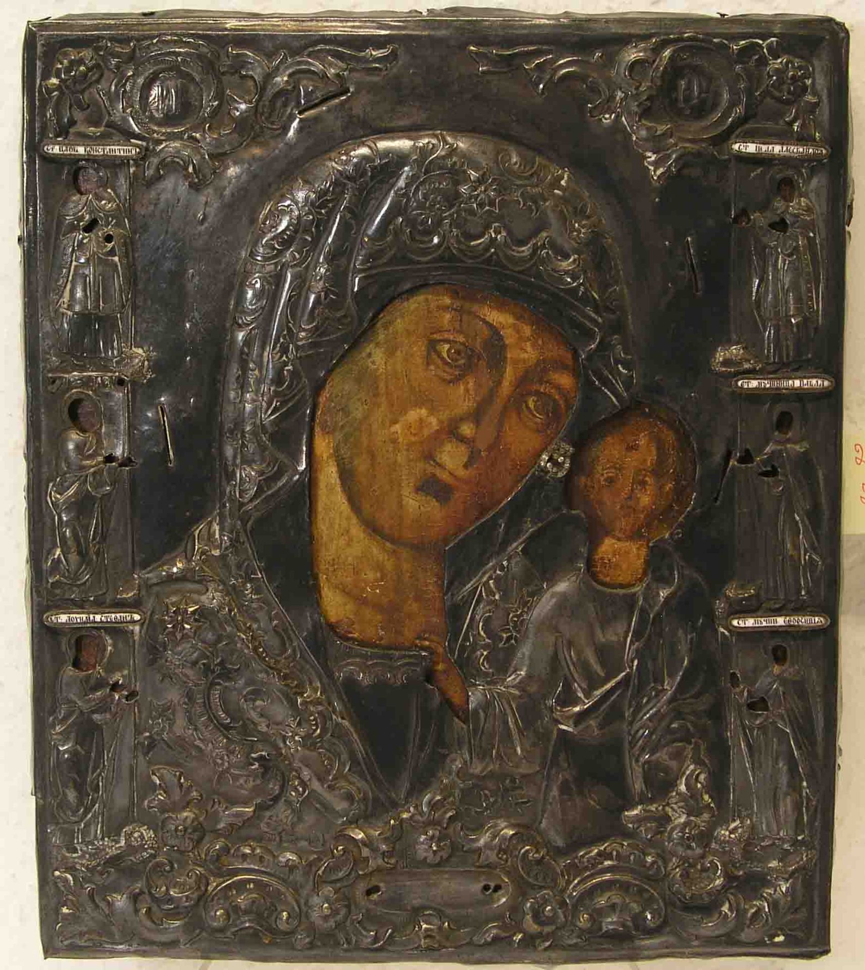 Muttergottes mit Jesuskind. Ikone. Russland. Mit Silberoklad, datiert 1850. 84er Punze. 31x 27cm;