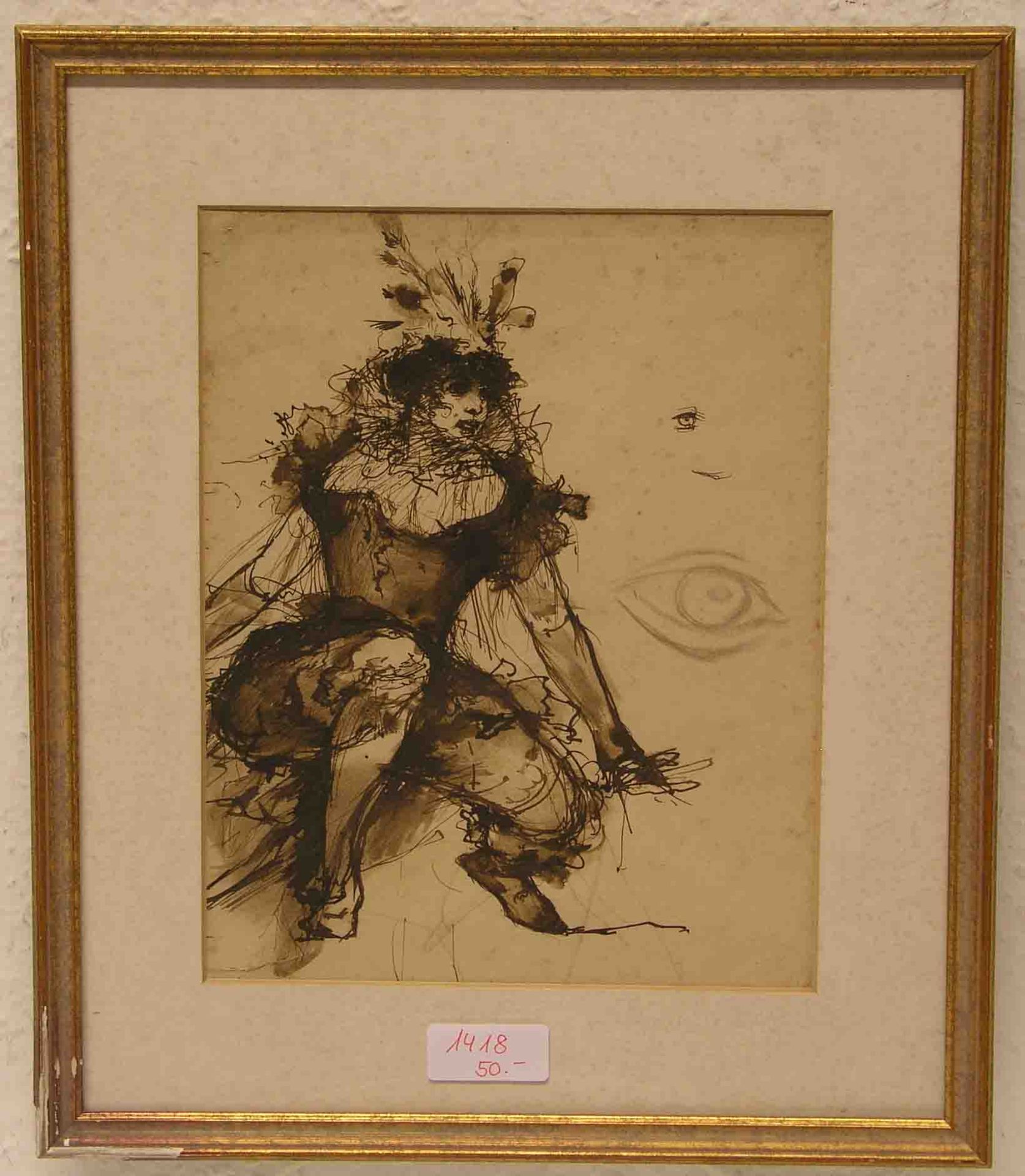 Unbekannt: "Dame". Tuschfeder-Zeichnung. 22,5 x 18cm. Rahmen mit Glas.