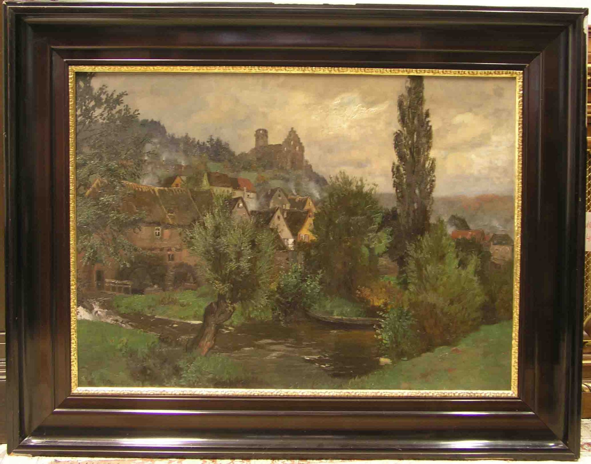 Bayerlein, Fritz (1872 - 1955): "Fränkisches Dorf mit Wassermühle". Öl/Lwd., signiert. 78x 108cm,