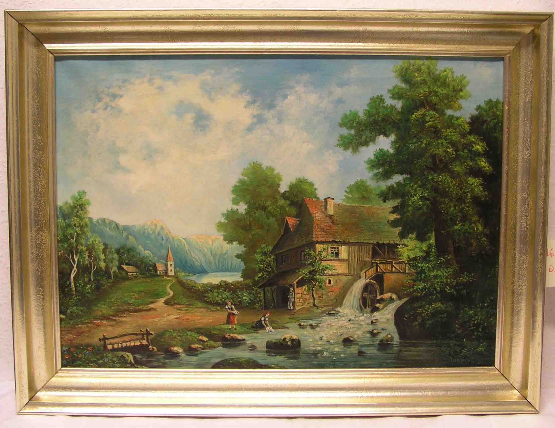 Dumprott: "Wassermühle mit Personenstaffage". Öl/Lwd., signiert. 49 x 68cm, Rahmen.