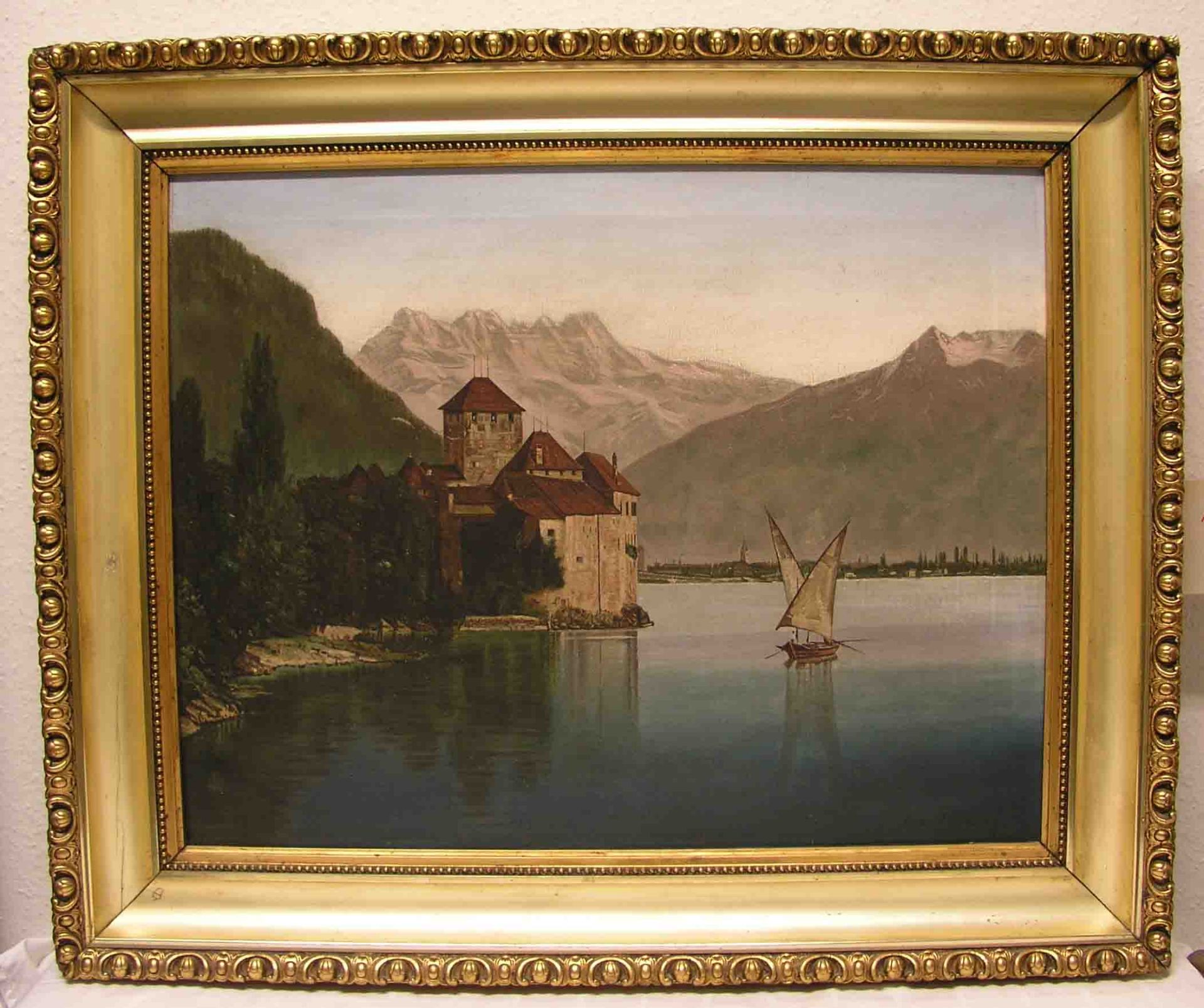 "Schloss Chillon am Genfer See". Öl/Lwd. 57 x 73cm; kleine Kratzer. Rahmen.