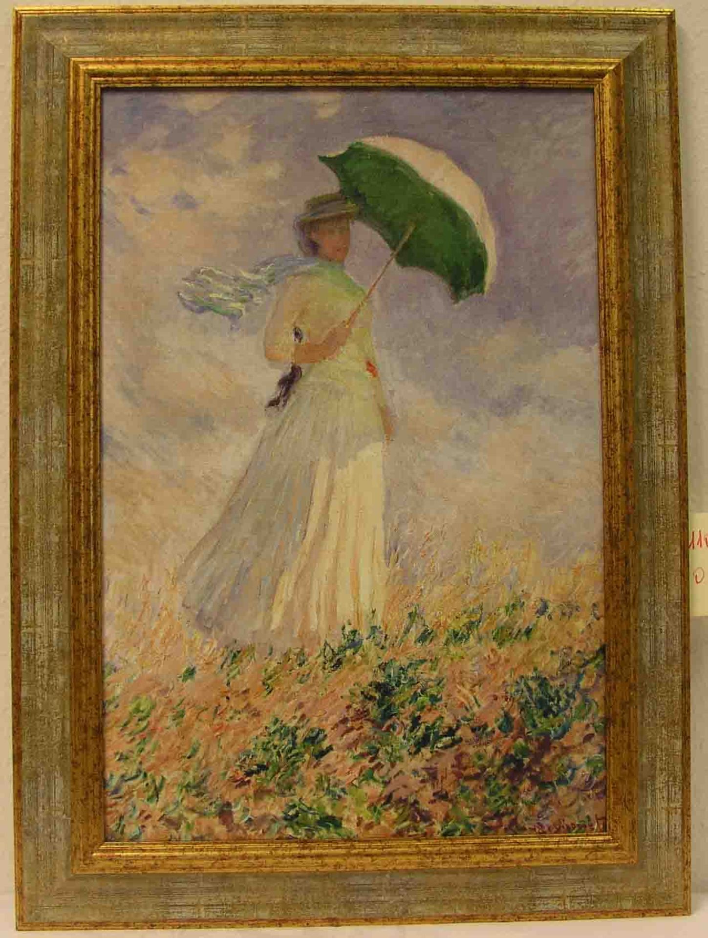 Monet: "Frau mit Sonnenschirm". Gemäldereplikat auf Lwd., 54 x 36cm, Rahmen.