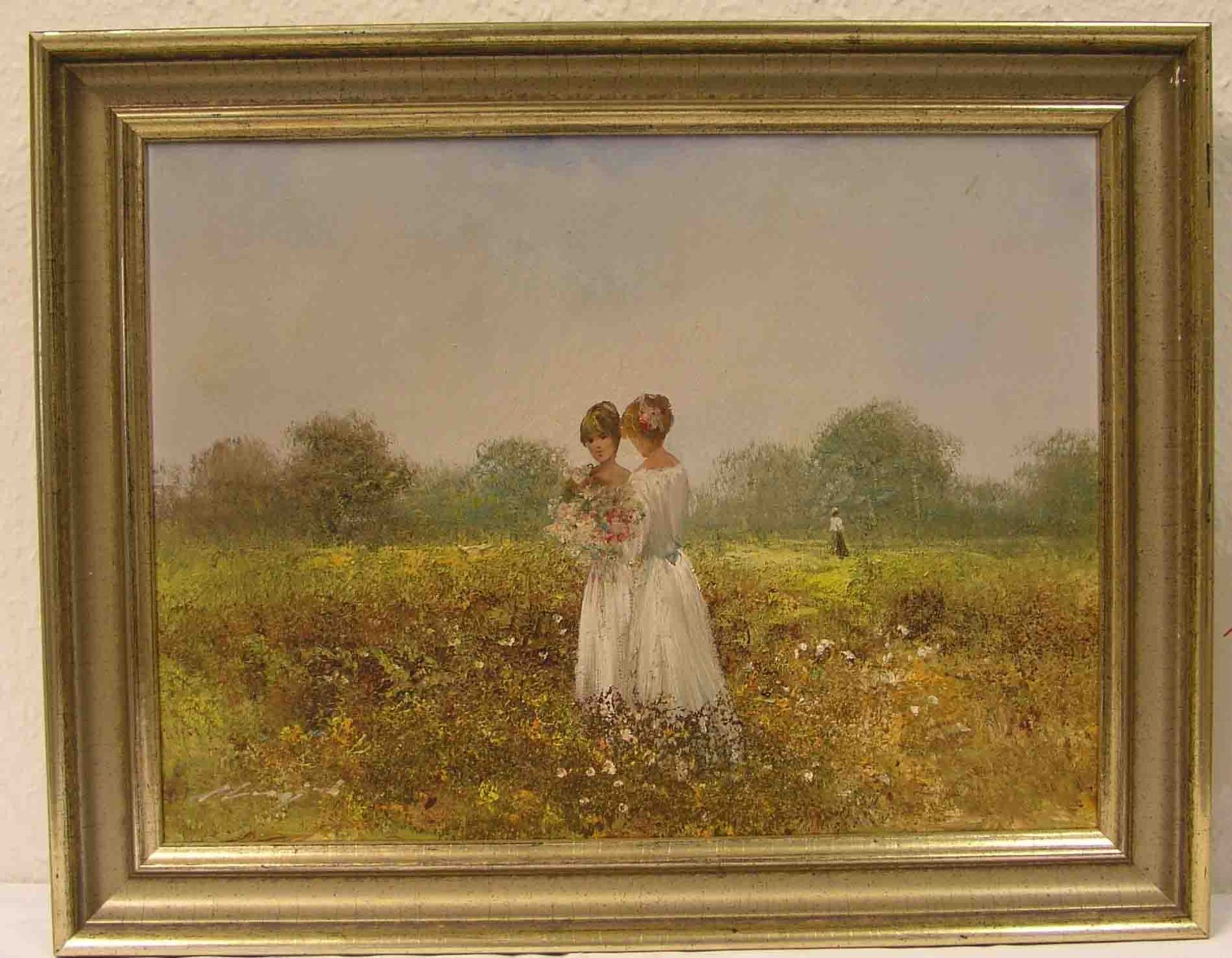 "Wiesenlandschaft mit zwei jungen Mädchen". Öl/Lwd., unleserlich signiert, 29 x 39cm,Rahmen.