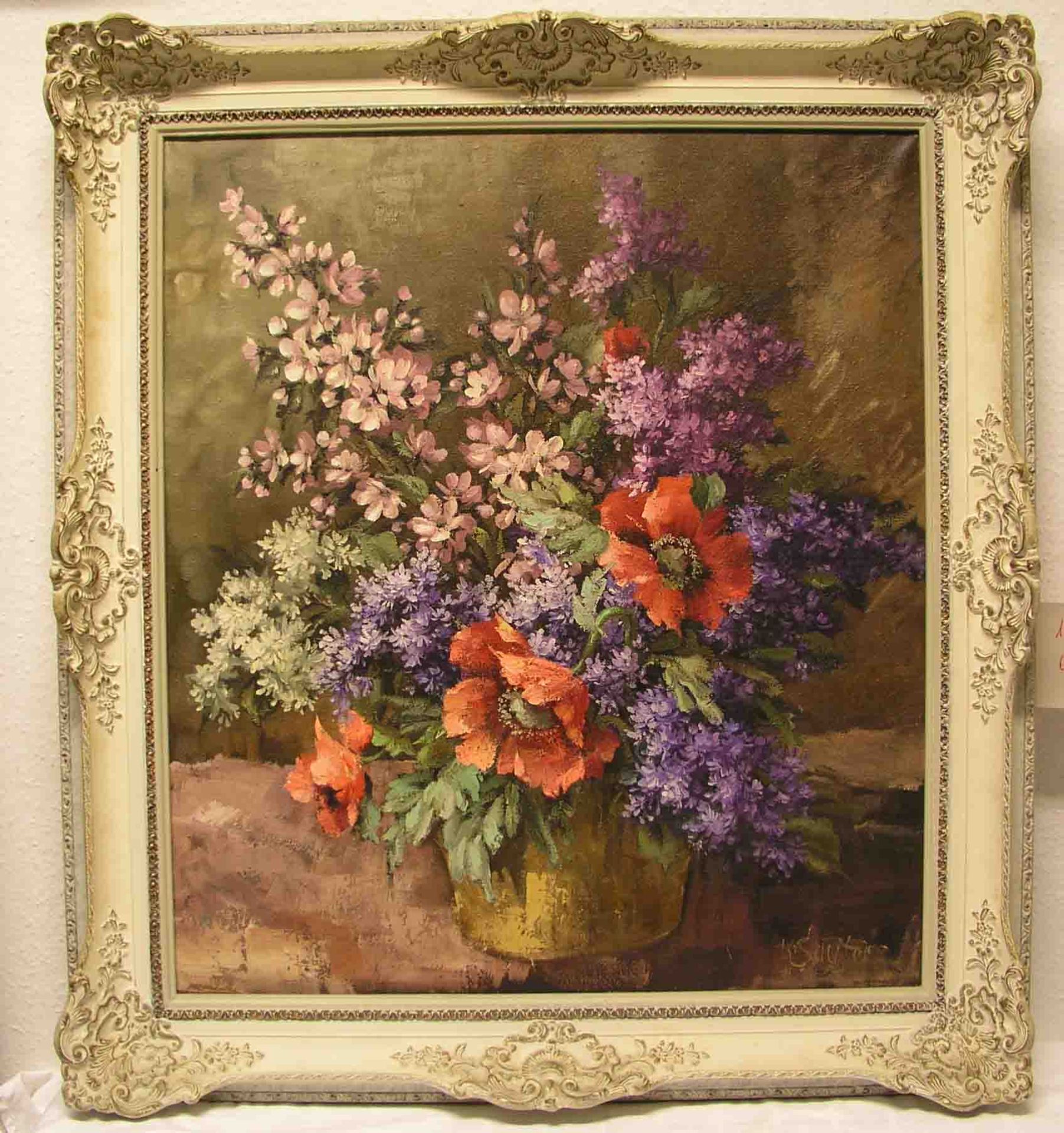 "Stillleben - Frühlingsstrauß in der Vase". Öl/Lwd., unleserlich signiert. 78 x 68cm,Rahmen.