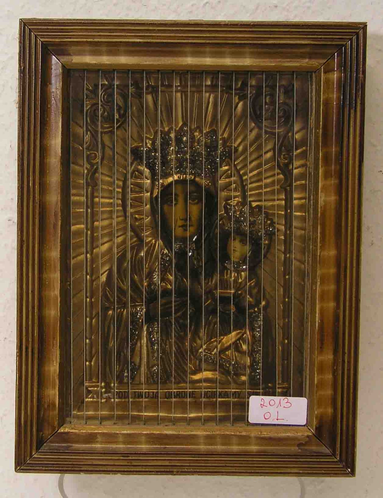 Heiligenbild, sogenanntes Lamellen- oder Harfenbild. Frühes 20. Jh., mit gleich dreiMotiven. 22 x