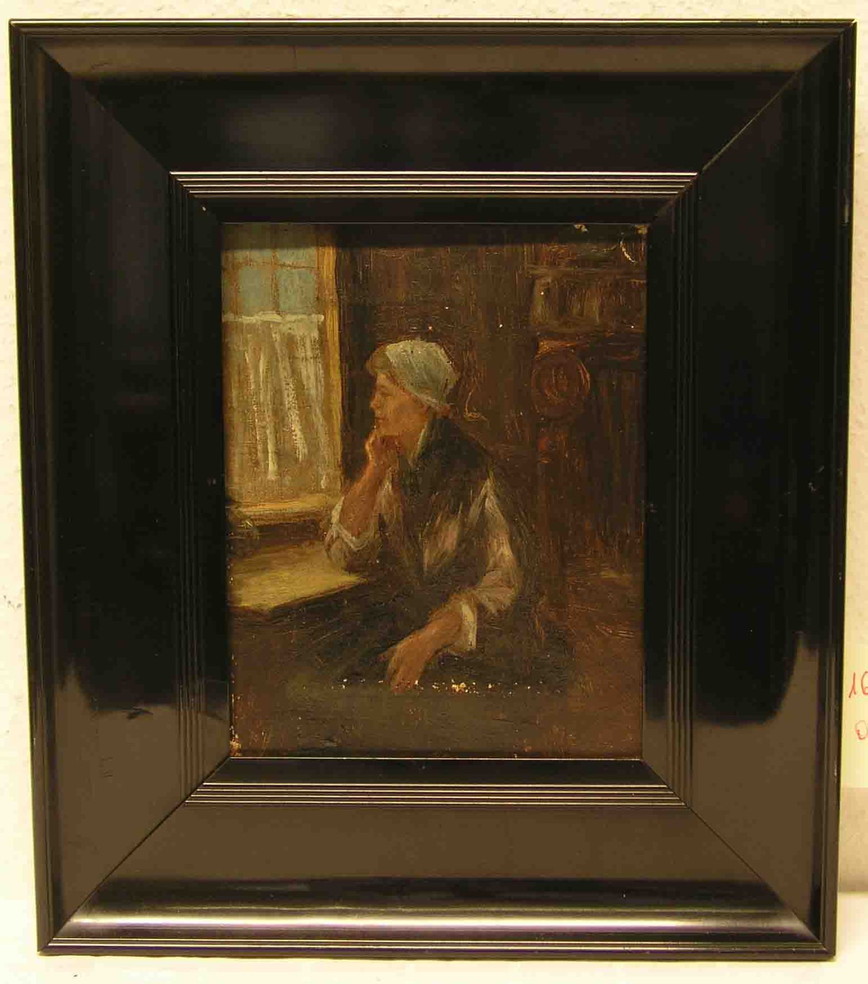 "Bäuerin vor dem Fenster sitzend". Öl/Lwd. 19. Jh. 27 x 20cm; besch., breiter Rahmen.