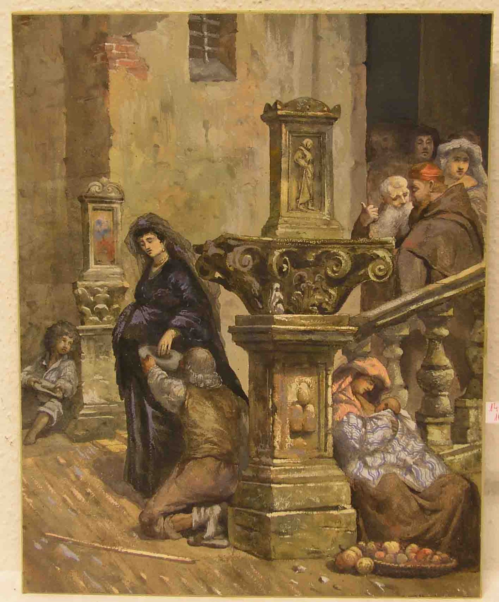 Italien. 19. Jh. Wohltätigkeit. "An der Kirchentreppe". Aquarell, sehr feine Malweise. 47x 37cm.