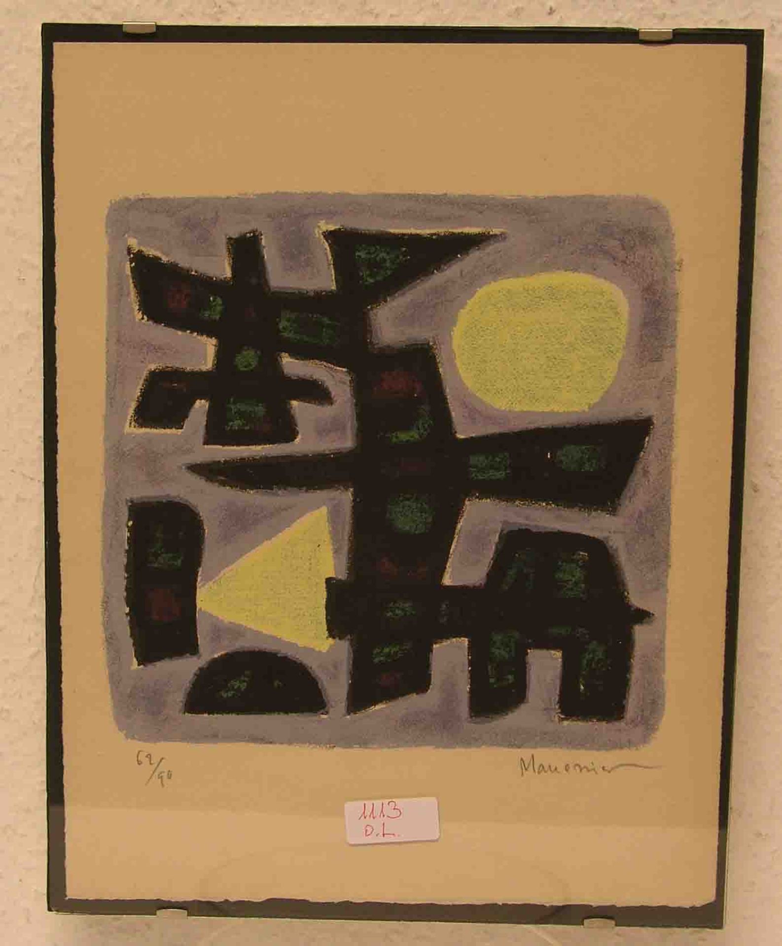 Mauenier: "Moderne Komposition". Farblitho, signiert, 62/90. 21 x 21cm. Glasbildhalter.
