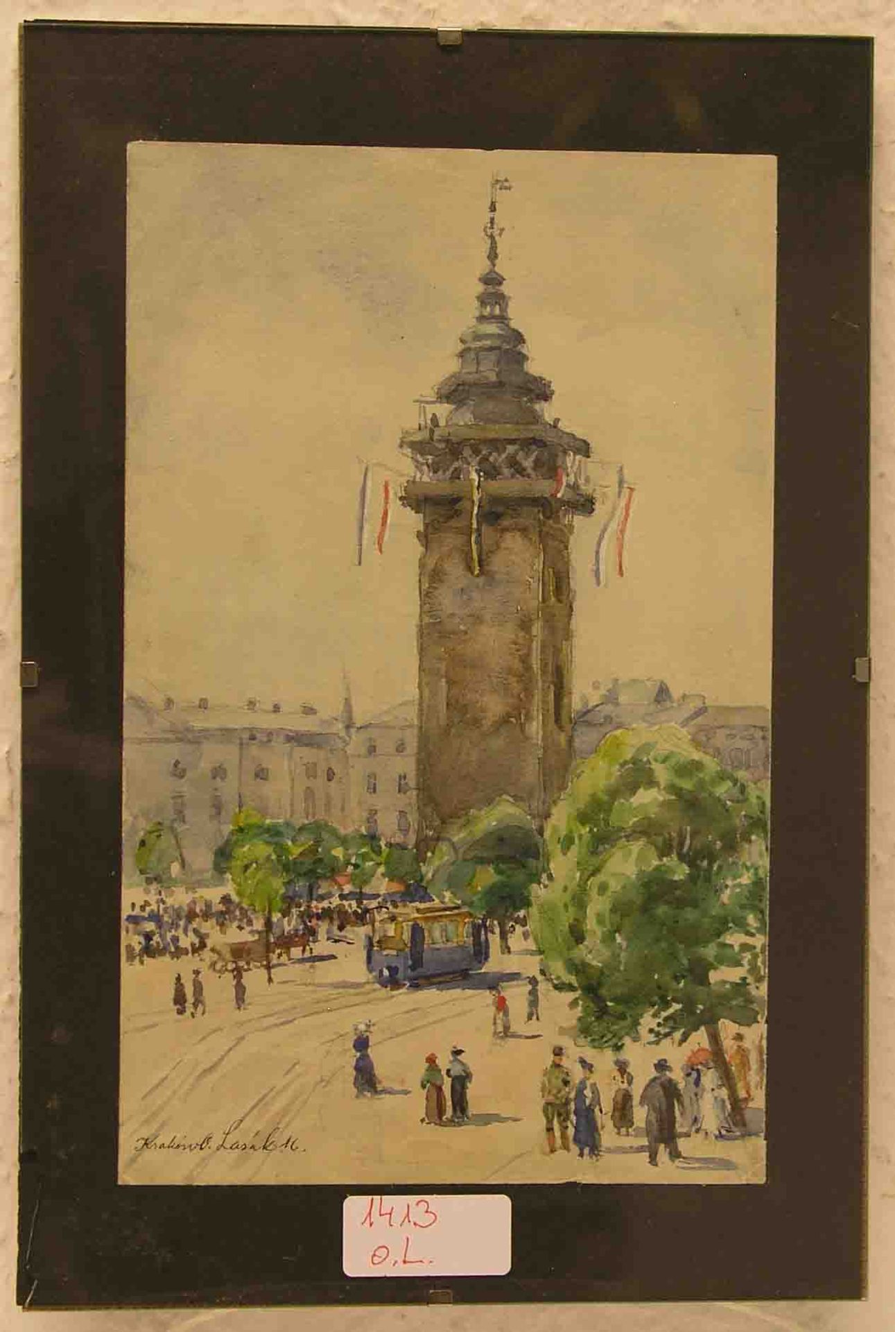 Lasak Oldrich (1884 - 1968): "Krakau. Bewegte Straßenszene". Aquarell, signiert (19)16. 22x 13,