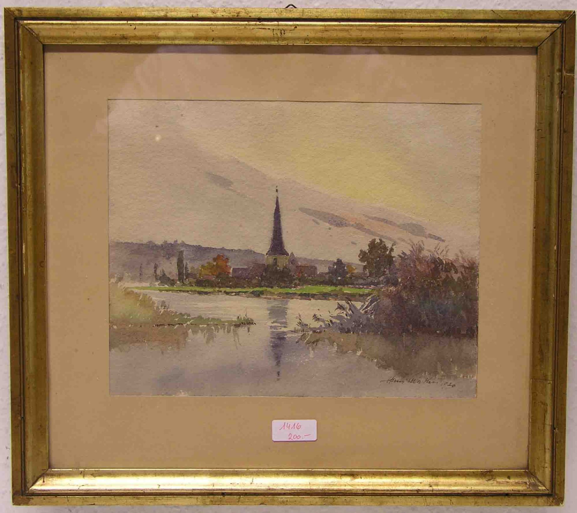 Mathis, Hans (Straßburg 1882 - 1944 Niederbronn): "Landschaft mit Kirche". Aquarell,signiert,