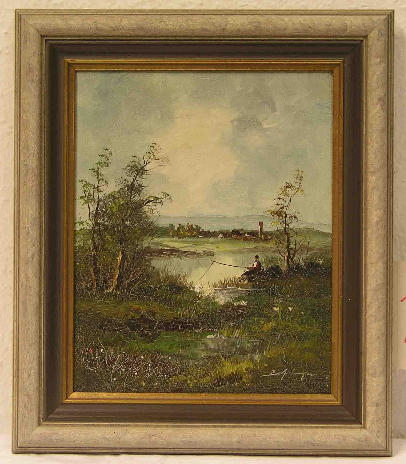 "Romantische Landschaft mit Teich und Angler". Öl/Lwd., unleserlich signiert. 29 x 23cm,Rahmen.