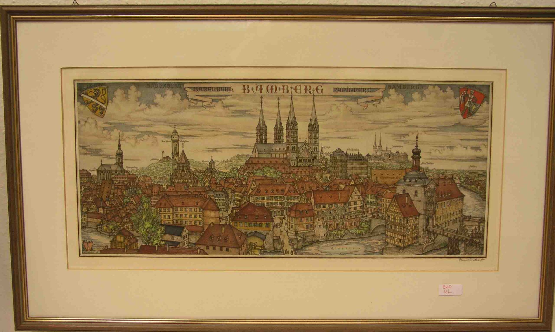 Bamberg "Blick auf die Altstadt". Radierung von Hannes Rischert, signiert, 26 x 59cm,Rahmen mit