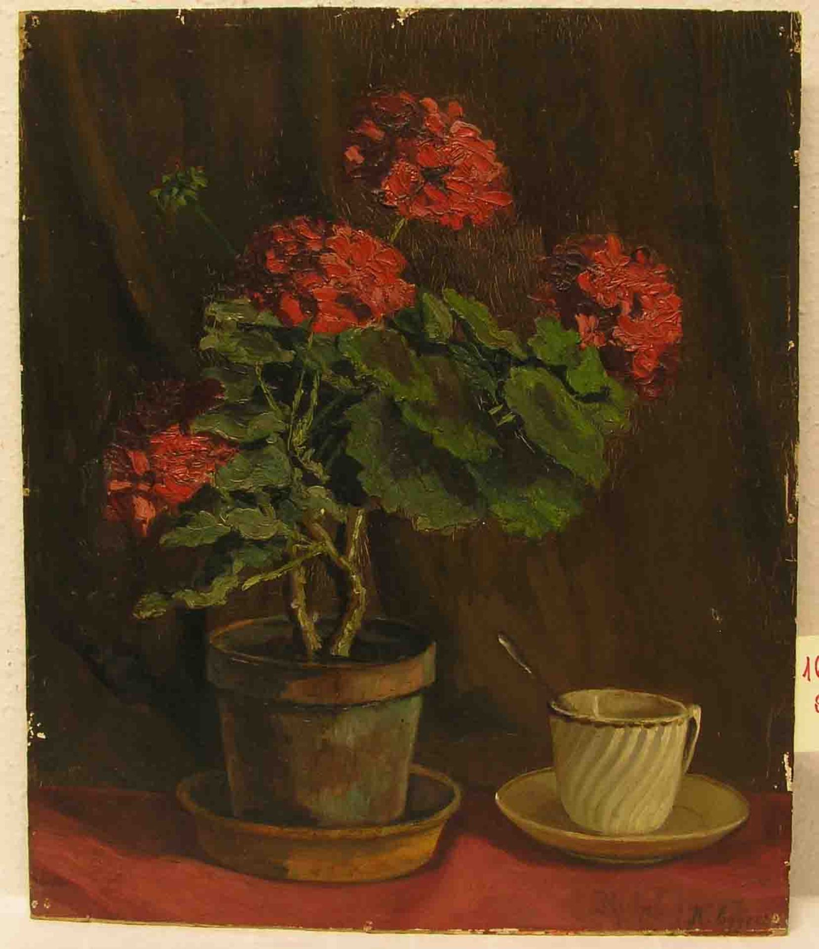 Eggers Richard (1905 - 1995): "Stillleben mit Geranien". Öl/Malkarton, signiert, 59,5 x49,5cm.