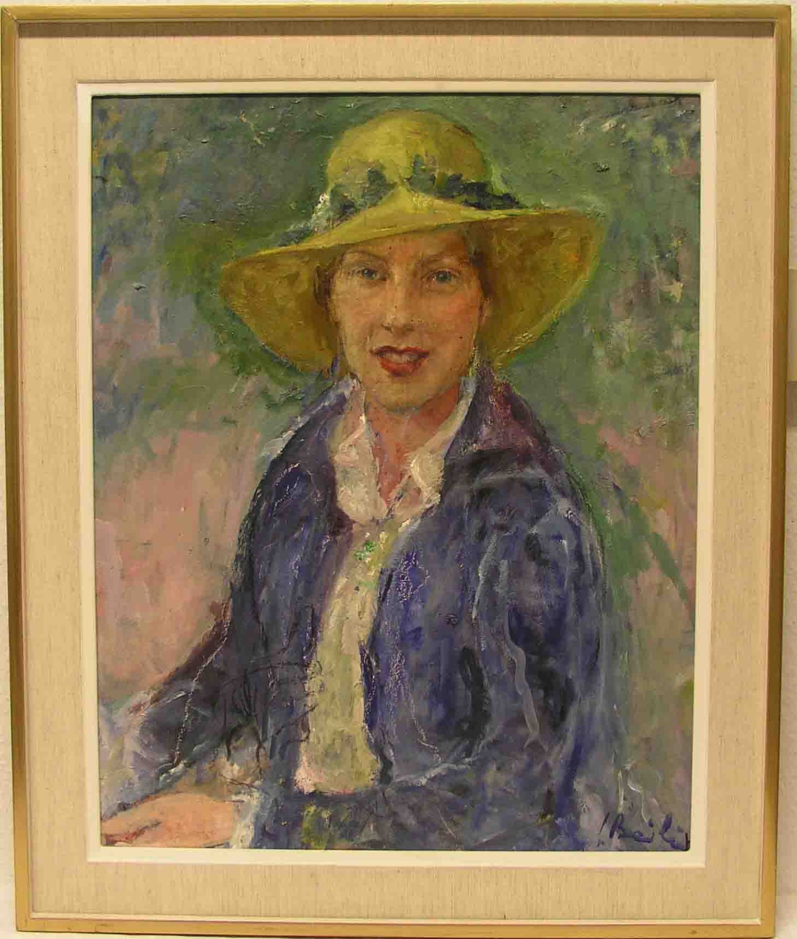 "Dame mit gelbem Hut". Öl/Lwd., unleserlich signiert, 68 x 53cm.