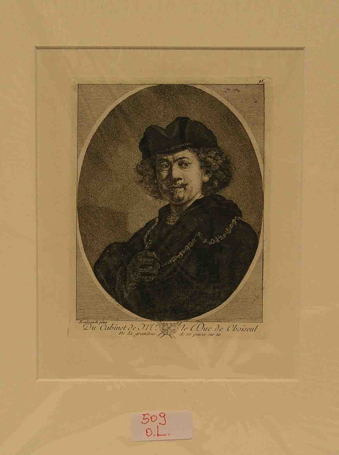 Rembrandt: "Selbstbildnis". Radierung von 1771 von Carl Weisbrodt. 15 x 11cm, Pass.