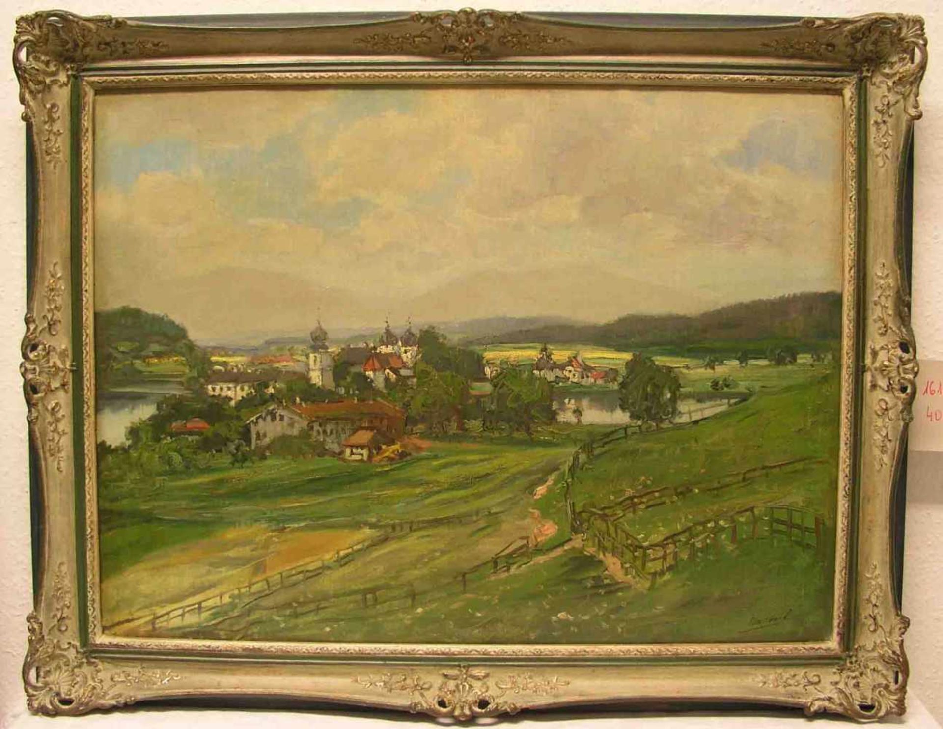 "Blick auf Kloster Seeon im Chiemgau". Öl/Lwd., unleserlich signiert. 59 x 78cm, Rahmen.