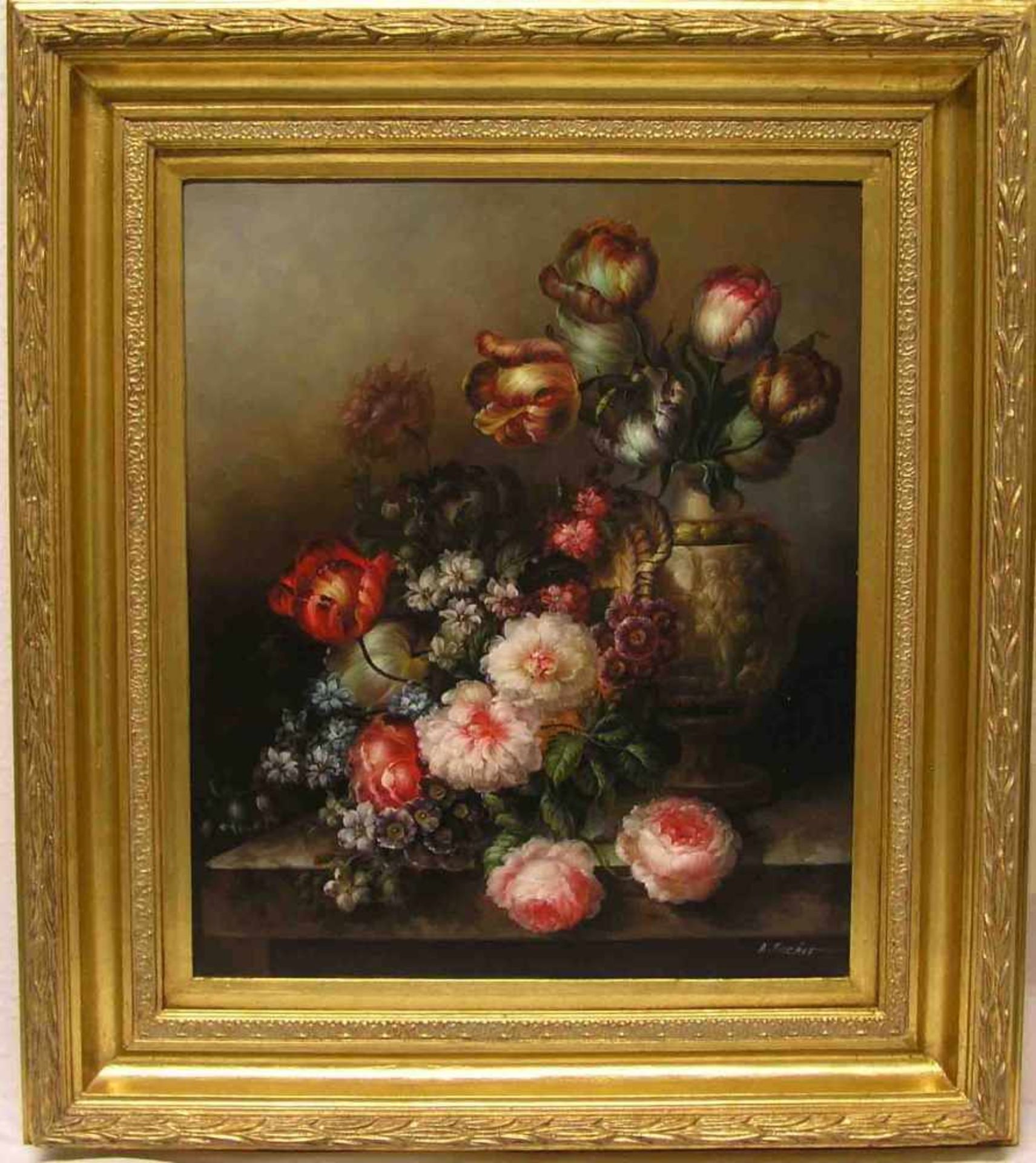 Tucker, A.: "Blumenstillleben". Öl/Lwd., signiert. 57 x 47cm, Rahmen.