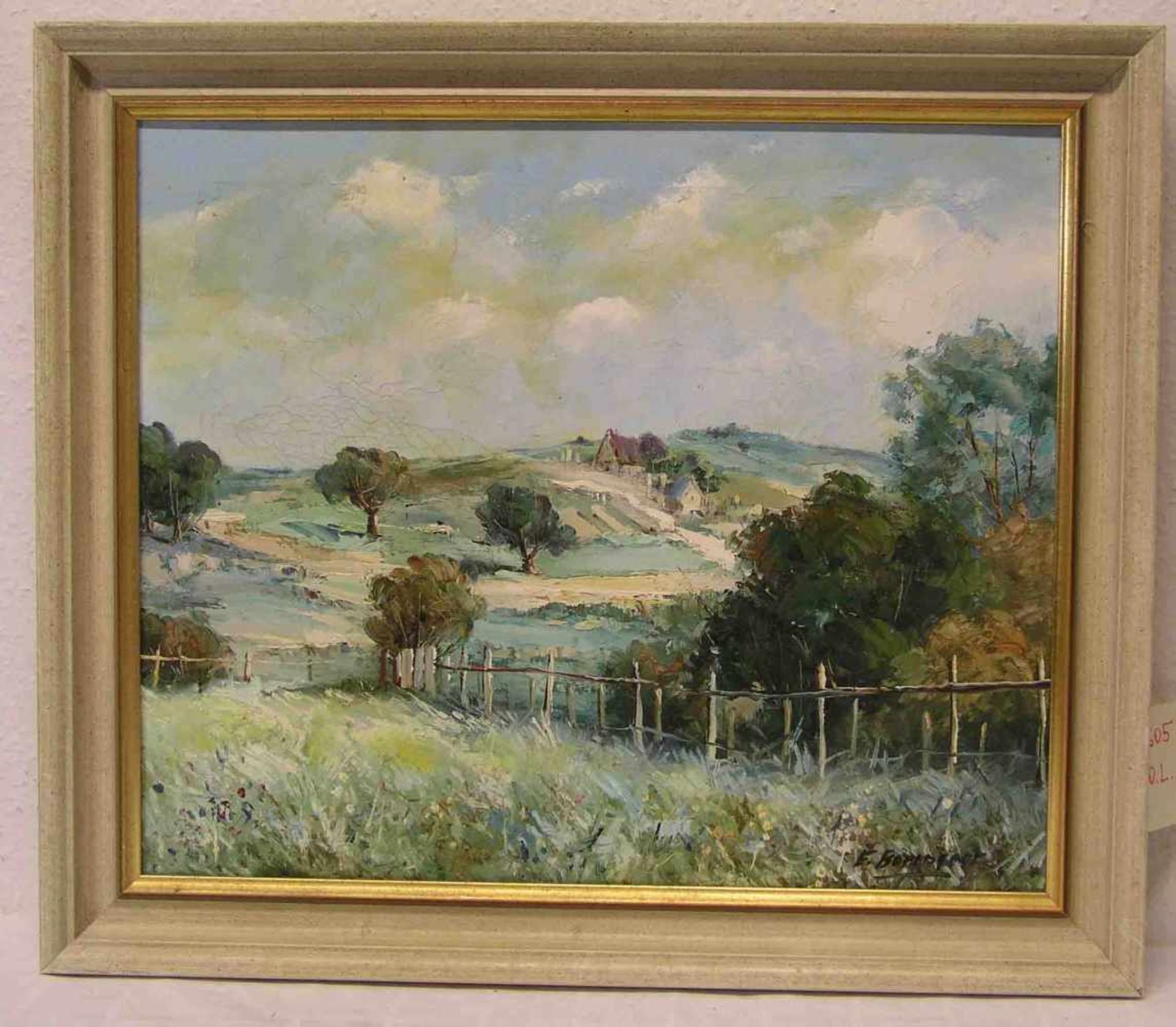 "Hügelige Landschaft mit Bauernhaus". Öl/Lwd., unleserlich signiert, 44 x 53cm, Rahmen.
