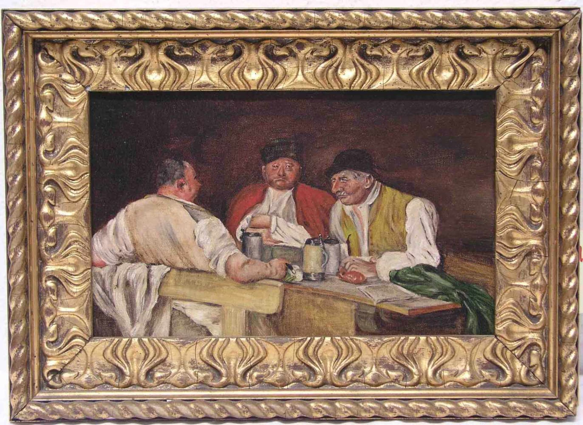 "Drei Bauern bei der Brotzeit". Ungarischer Maler um 1930, Öl/Lwd., 22 x 35cm. Rahmen.