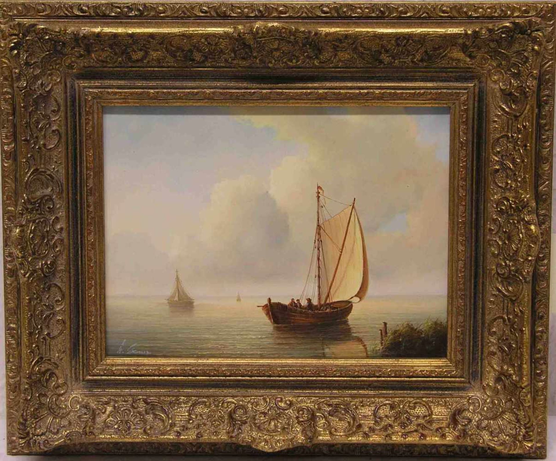 Exner, Antoine (geb. 1927 in Saarbrücken): "Segelboote am Uferrand". Öl/Holz, signiert. 17x 22cm.