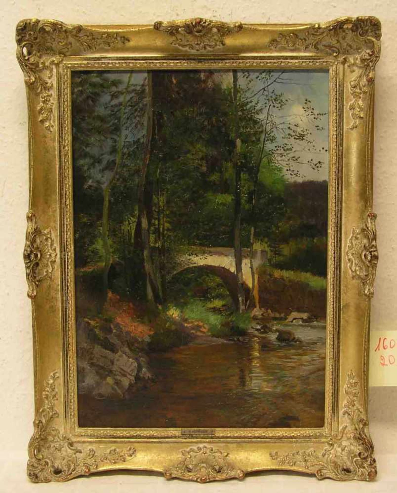 Hoffmann, M.: "Bachlandschaft mit Brücke". Öl/Lwd., signiert. 46 x 32cm, Rahmen.