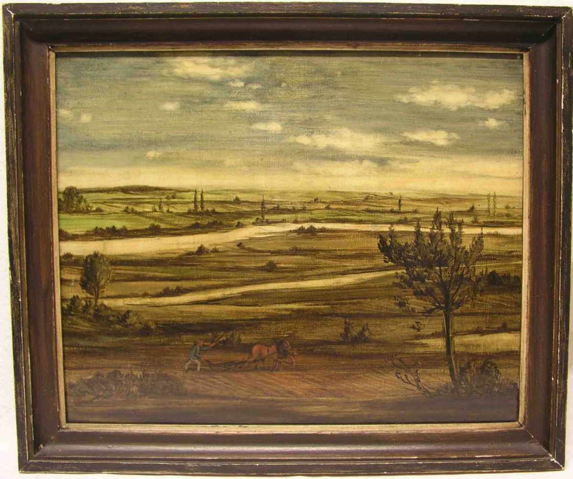 Harry Müller-Ebing (1923 - 1984) zugeschrieben: "Weite Landschaft mit Bauer bei derArbeit". Öl/
