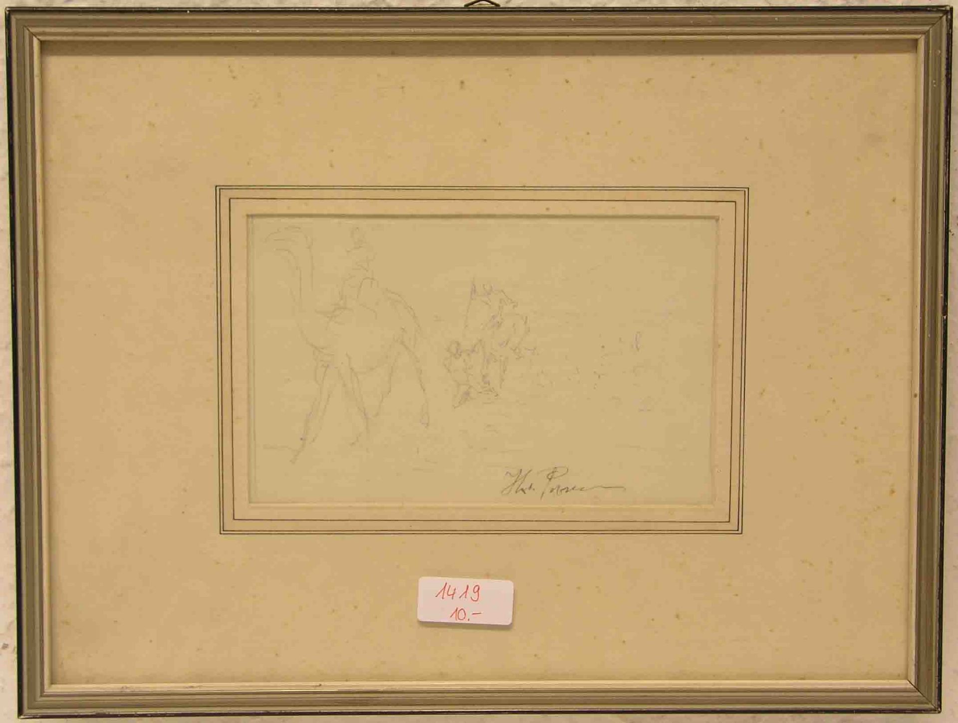 Unleserlich signiert: "Gefangenentransport mit Kamel". Bleistiftzeichnung Entwurf. 11 x17cm,