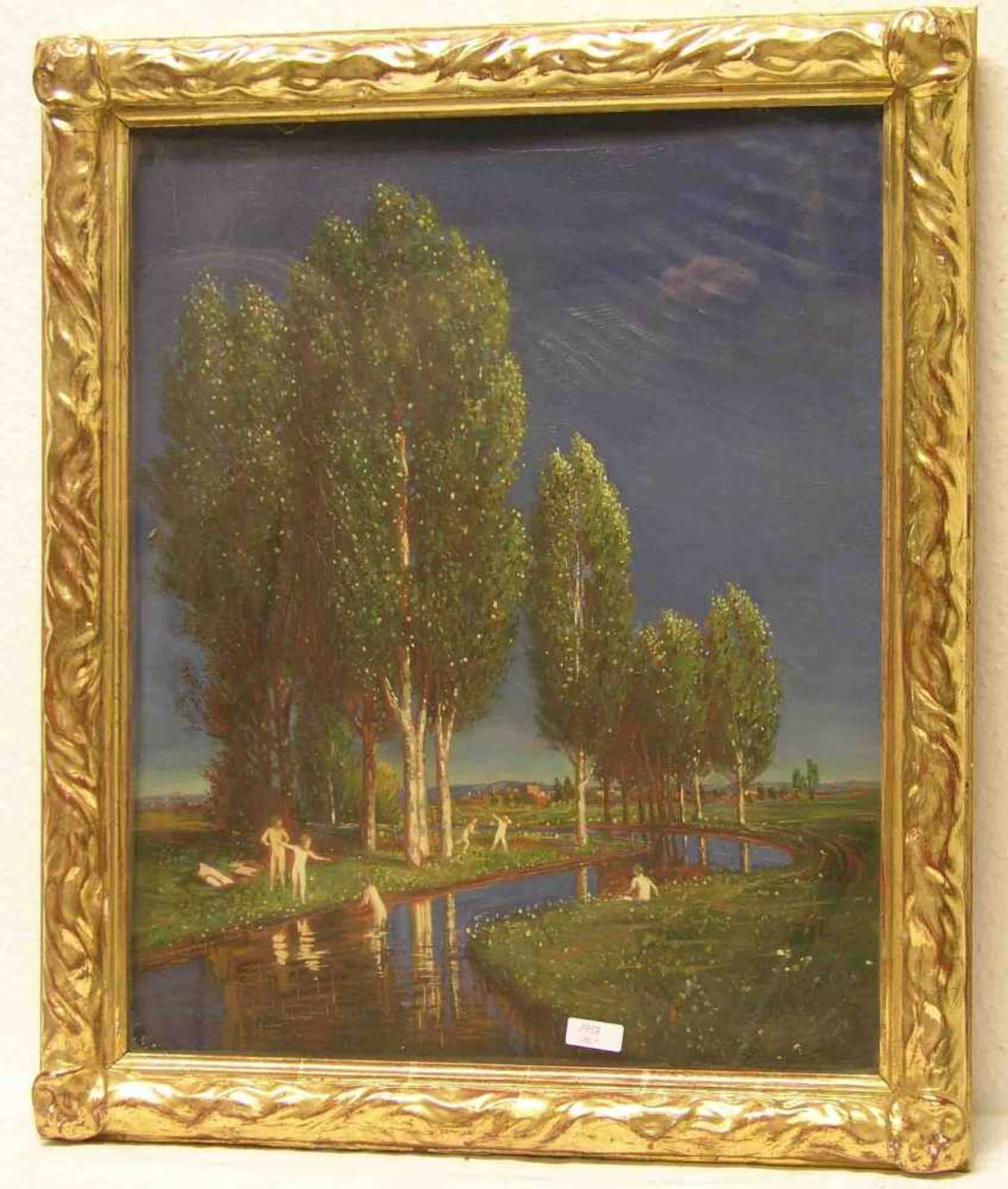 Unbekannt um 1920: "Badevergnügen am Dorfrand". Öl/Holz, 62 x 50cm, Rahmen mit Glas.