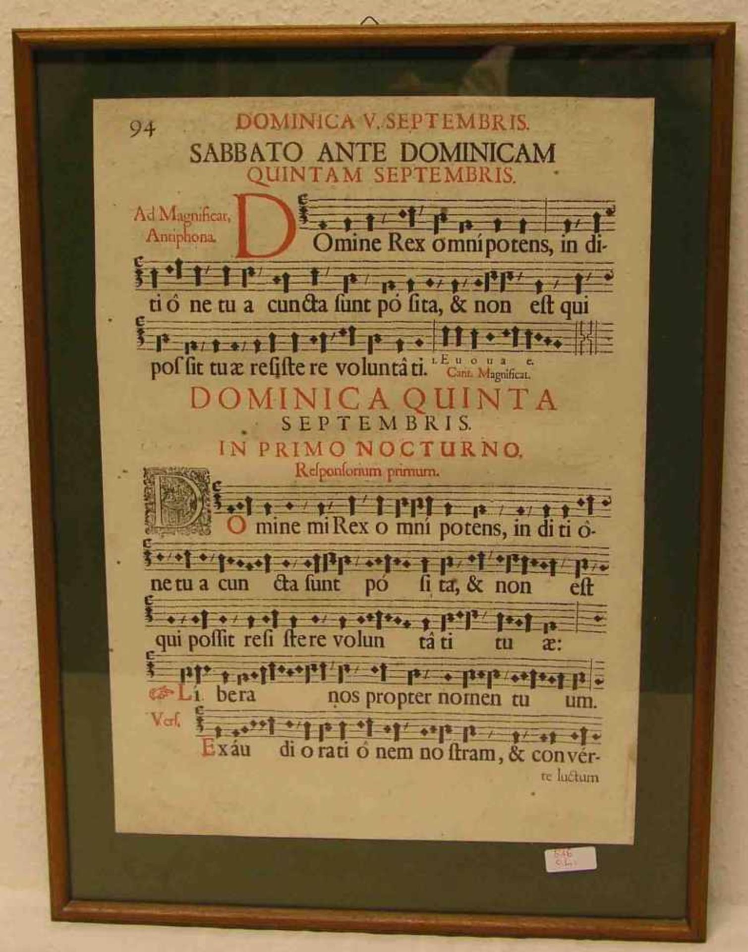 Antiphonar. 18. Jh. Kupferstich in Schwarz und Rot. Blattgröße 51 x 36cm, Rahmen mit Glas.