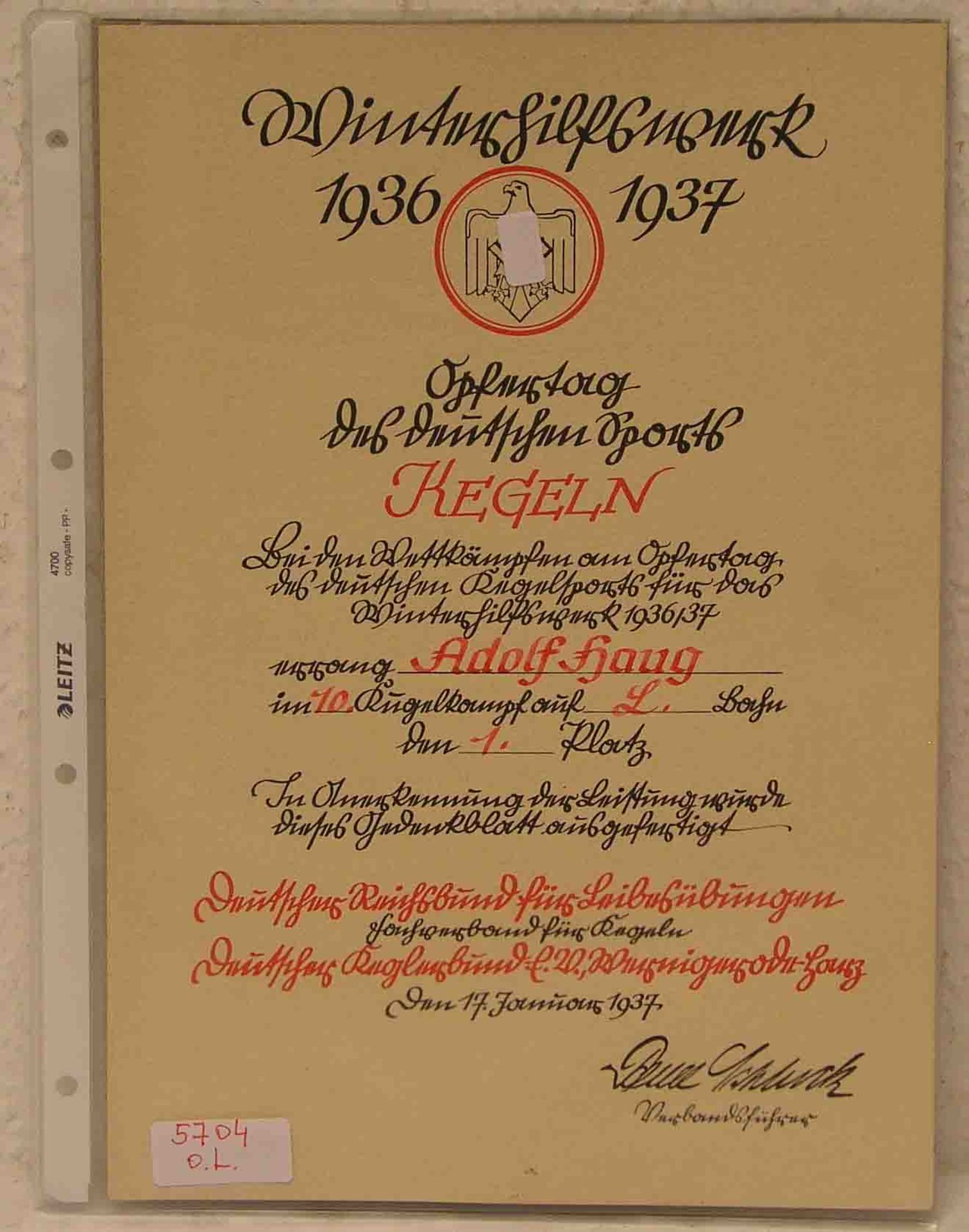 Gedenkblatt. Winterhilfswerk 1936/37. Deutscher Keglerbund, Wernigerode/Harz 1937.
