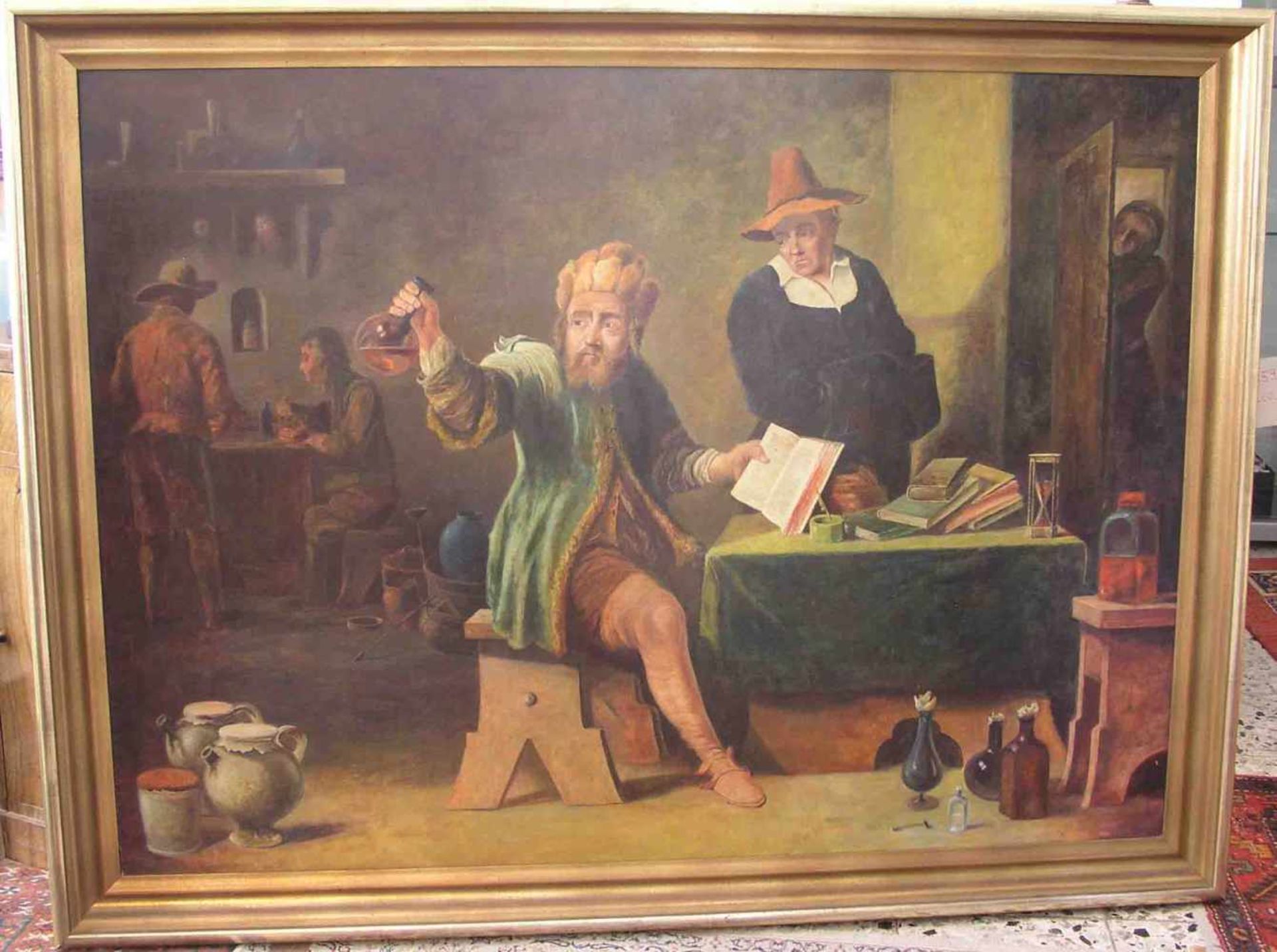 "In der alten Apotheke". Öl/Lwd. 110 x 149cm, Rahmen.