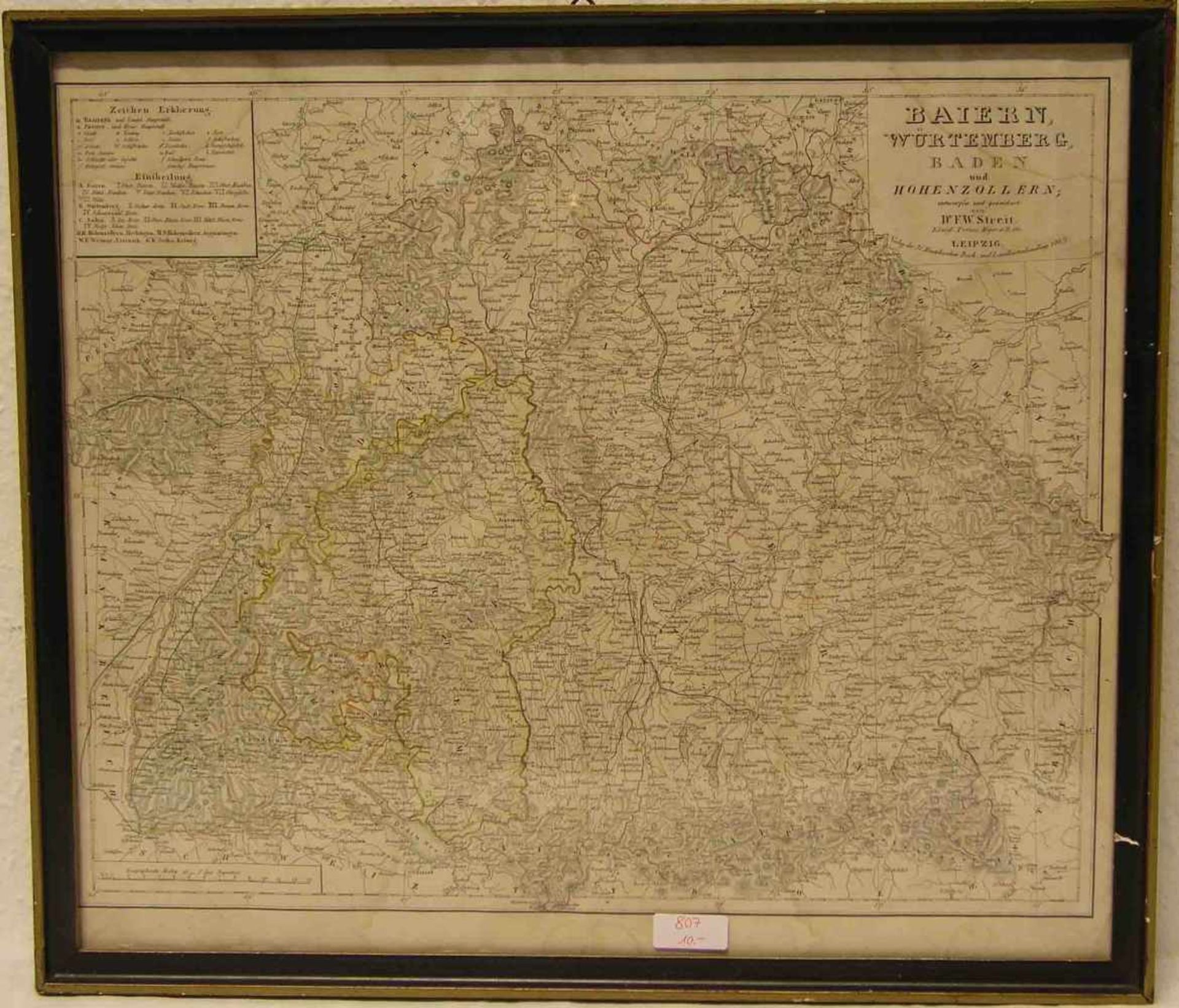 Landkarte Baiern, Würtemberg, Baden und Hohenzollern. Stahlstich, Leipzig 1849,